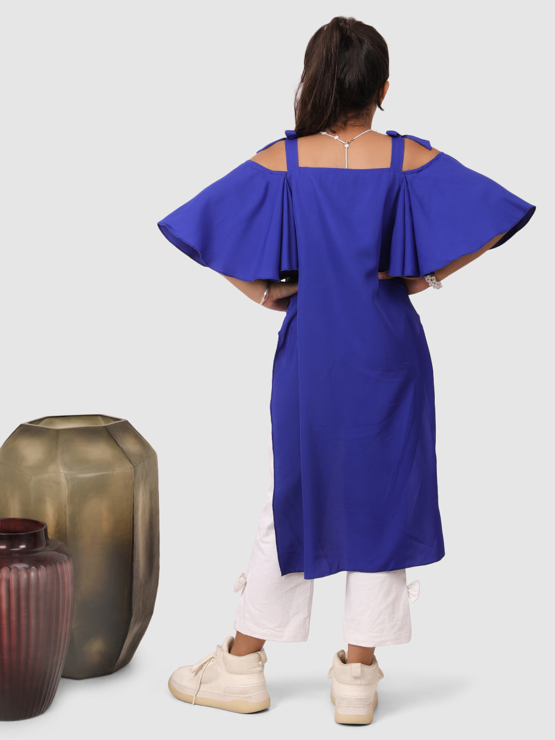 Royal Blue and White Asymmetric Flared Top Sleeve with Pants - Stylish Women's Outfit for Casual Wear, Parties & Special Occasions