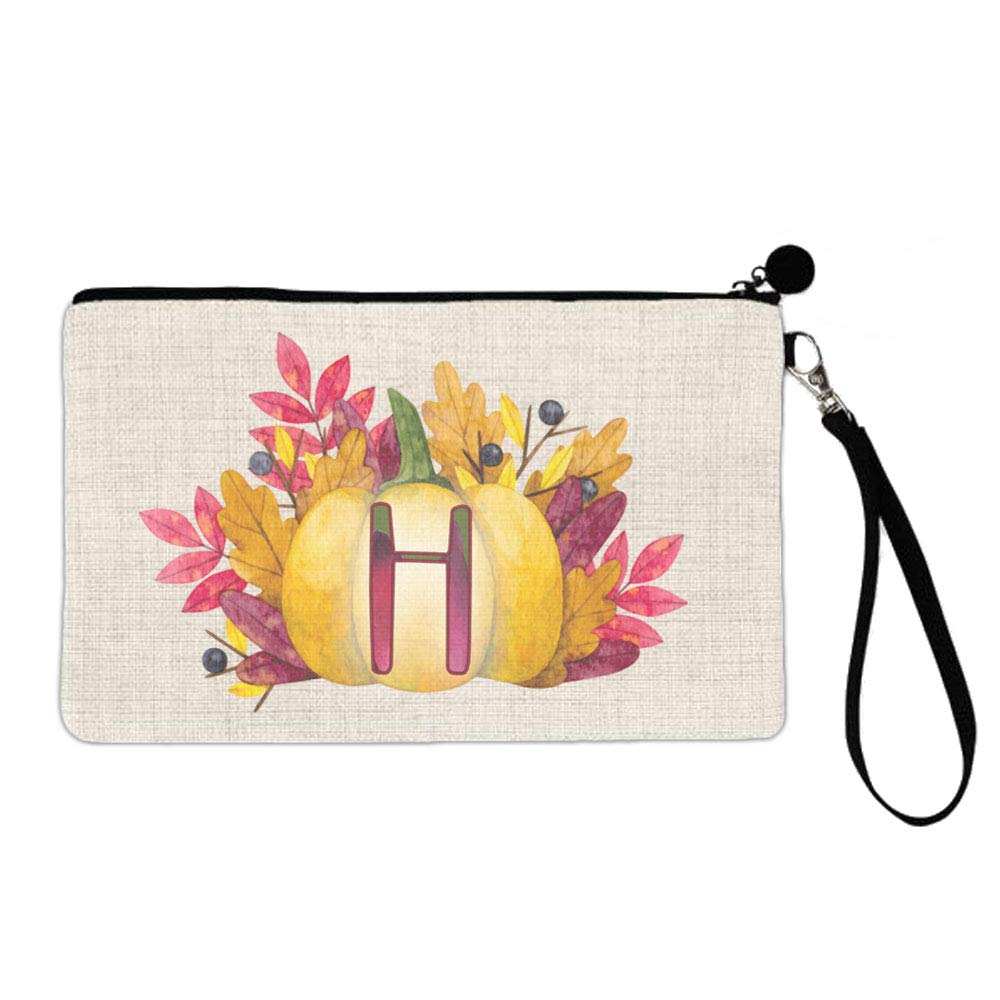 BRGiftShop Large Linen Cosmetic Bag with Zipper - Watercolor Thanksgiving Fall Pumpkin Monogram Letter H Design | Perfect for Autumn Travel, Makeup Storage & Holiday Gift Giving