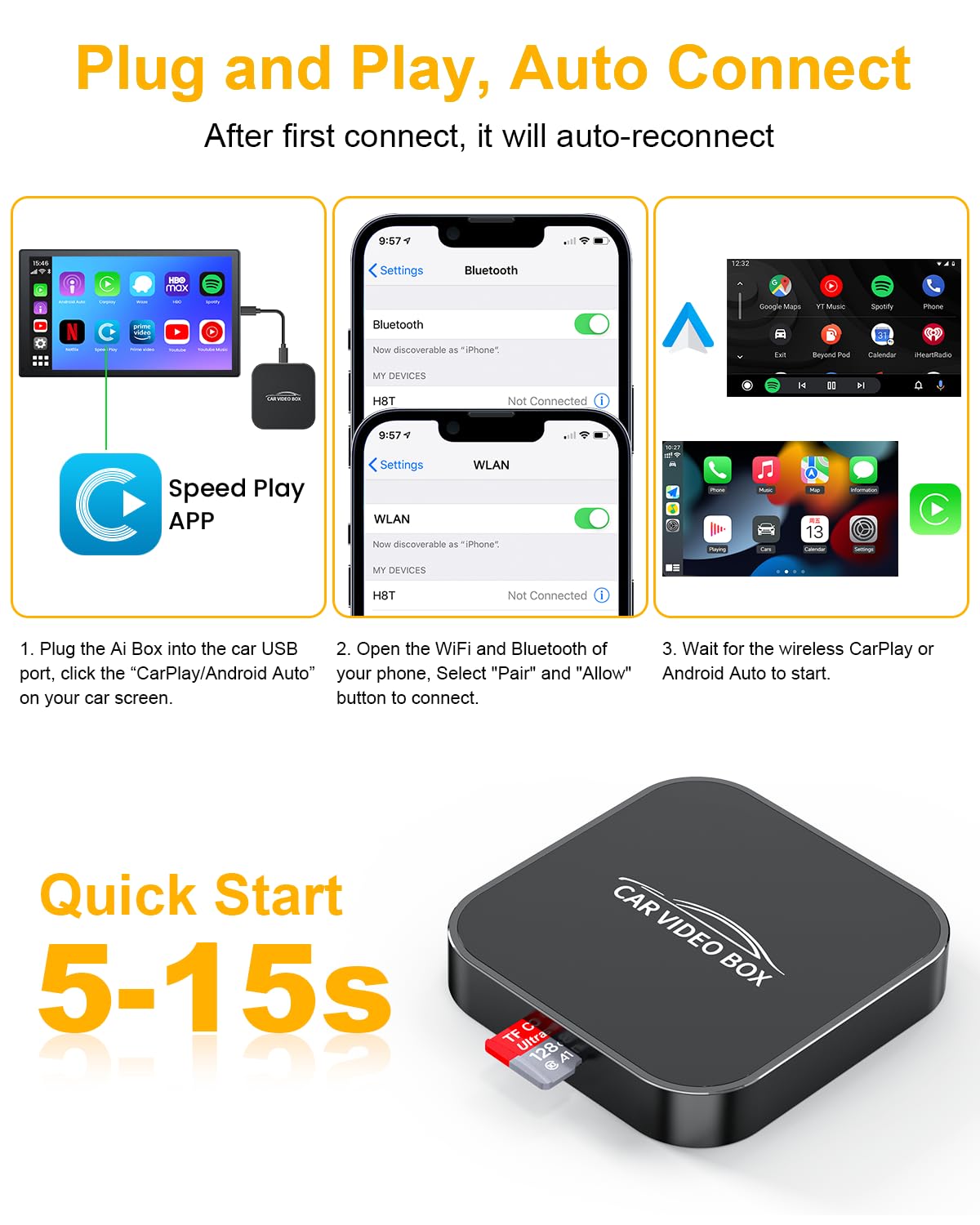 Wireless CarPlay & Android Auto Adapter - 4-in-1 AI Box for Streaming Netflix/YouTube, Supports TF Card & Fast Charging, Compatible with Cars Since 2016 | Perfect for Road Trips & In-Car Entertainment