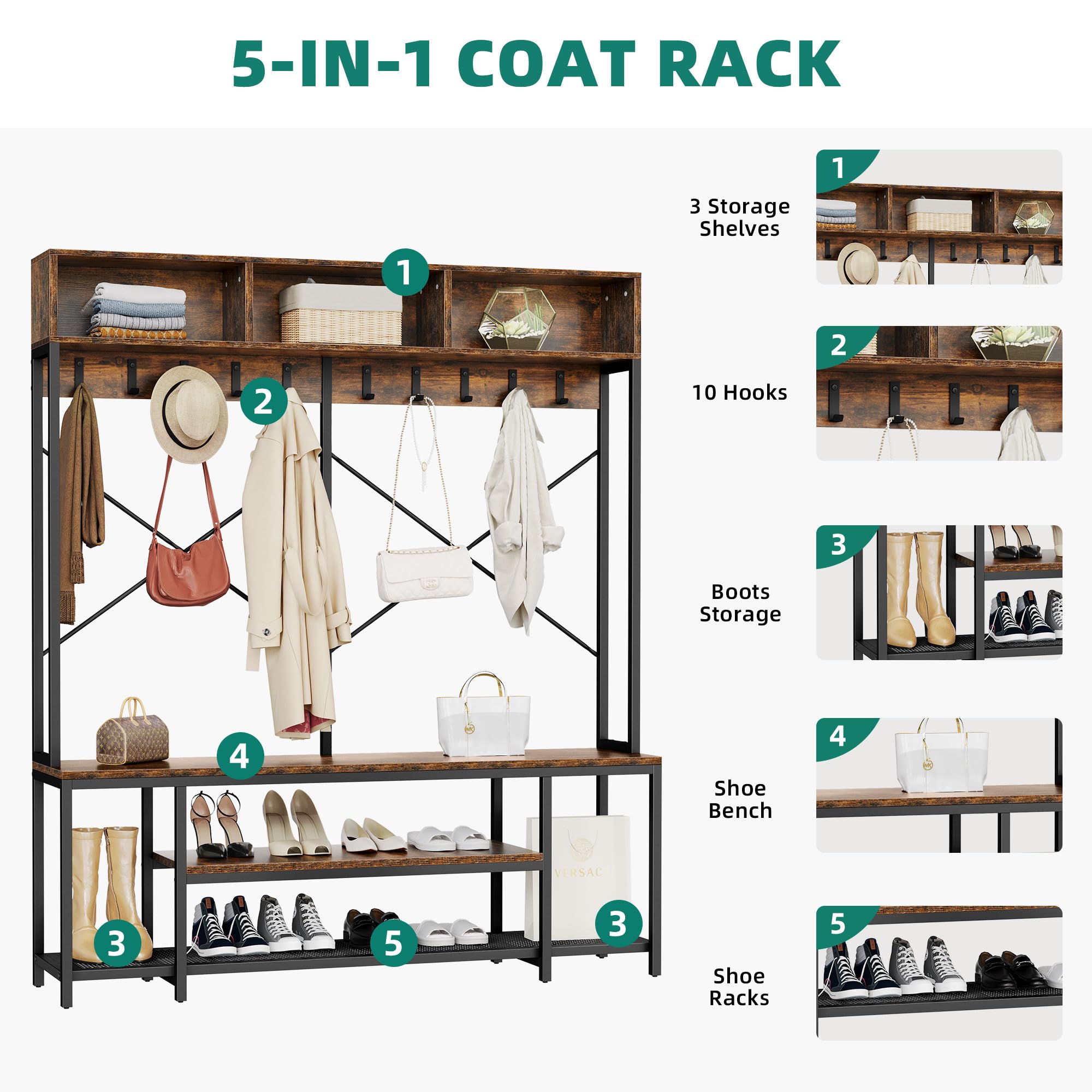 YITAHOME 5-in-1 Industrial Entryway Bench with Coat Rack & Shoe Storage - Freestanding Hall Tree Organizer with 10 Hooks & Shelves - Rustic Brown Wooden Shoe Bench for Hallway, Bedroom, Mudroom - Perfect for Small Spaces & Home Organization