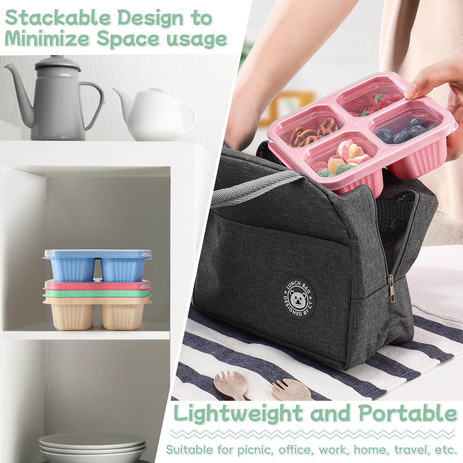 DIMBRAH 4-Pack Reusable Snack Containers with 4 Compartments - Bento Lunch Box for Adults & Kids - Leakproof Food Storage Containers for Work, School, Travel & Picnics - Includes Forks (Perfect for Meal Prep & On-the-Go Snacks)