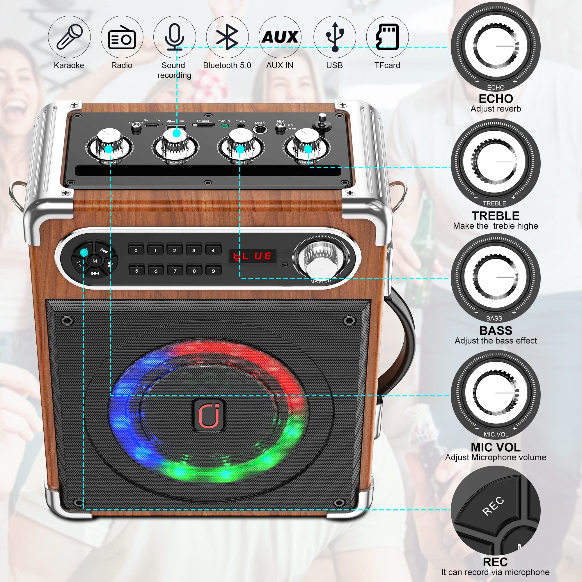 Portable Bluetooth Speaker with Dual Wireless Microphones - Outdoor PA System with Powerful Subwoofer & Tweeter, Remote Control, Disco Lights, FM Radio & Recording - Perfect for Home Parties, Karaoke Nights & Outdoor Events
