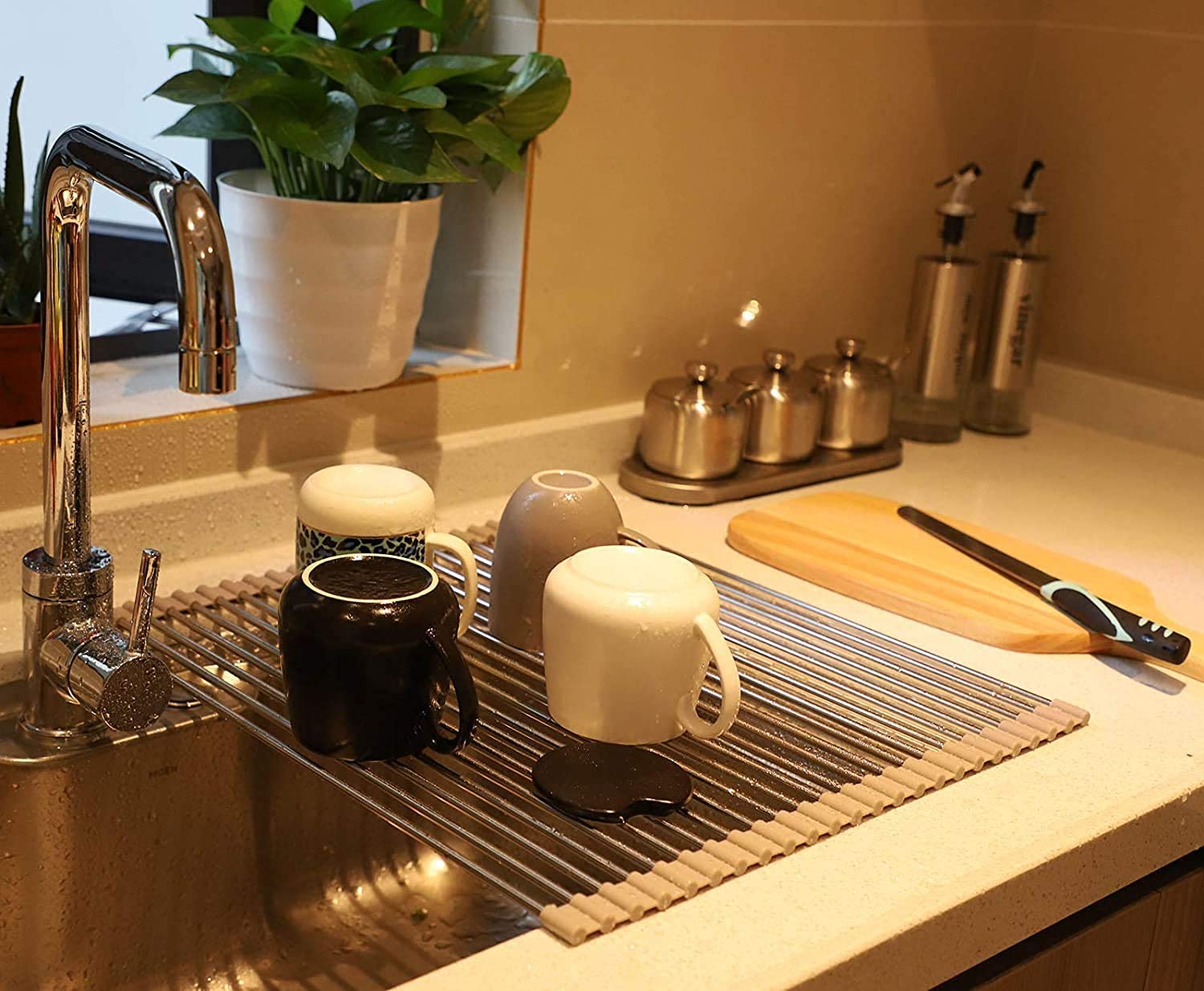 Stainless Steel Roll Up Dish Drying Rack - Over The Sink Space Saving Kitchen Organizer - Foldable & Portable Countertop Mat (17.7