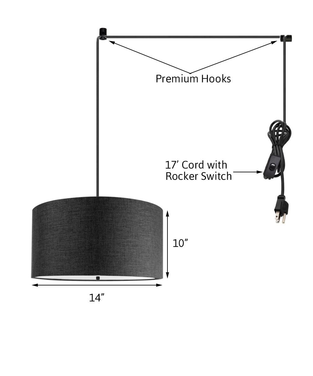 HomeConcept 2-Light Plug-in Swag Pendant with Diffuser - 14 Inch Granite Gray & Black Cord - Perfect for Kitchen Island, Dining Room, or Bedroom Lighting