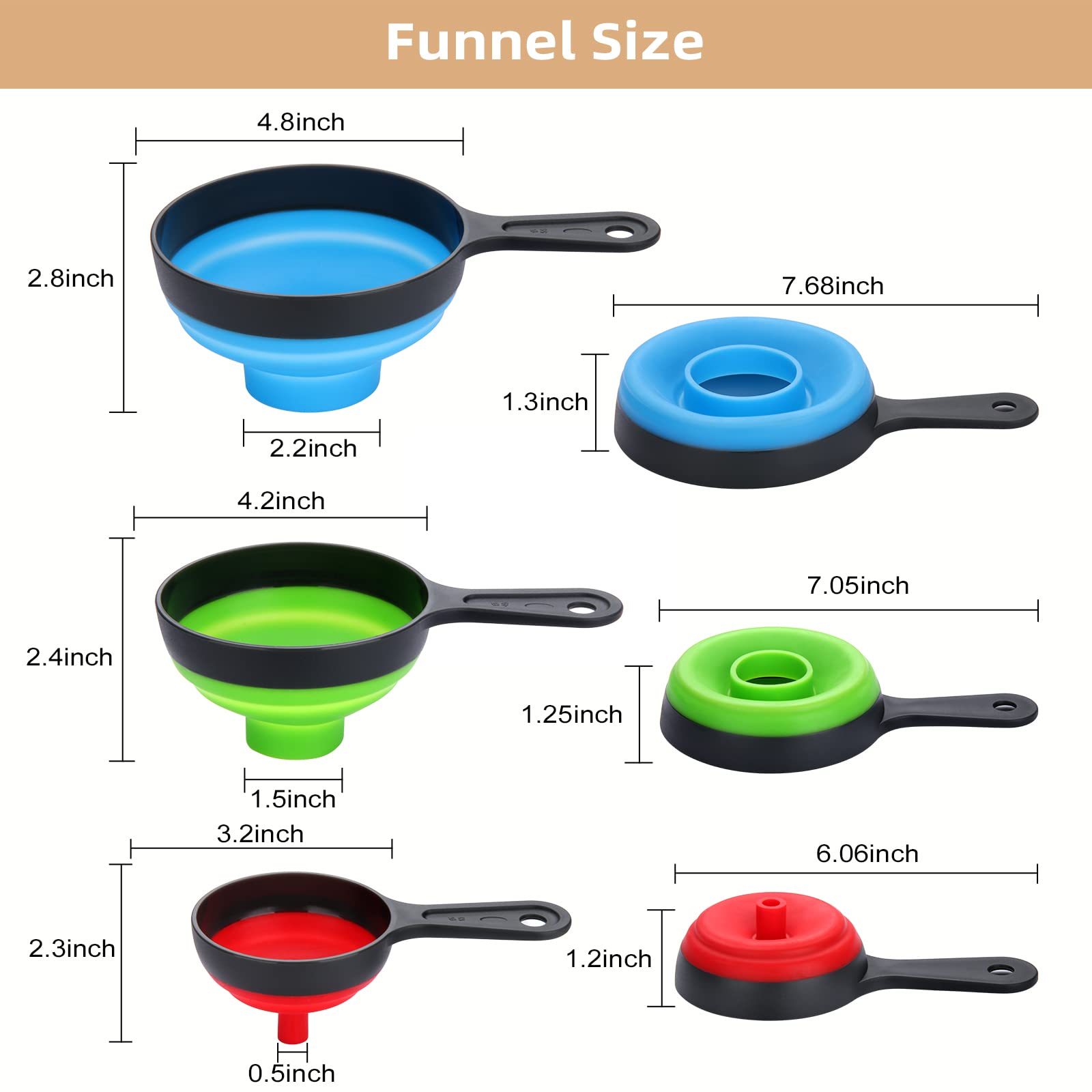 Dokpod 3-Piece Collapsible Kitchen Funnel Set - Wide Mouth Canning Funnel for Bottles, Small/Medium/Large Funnels for Solids, Powder & Liquids - Perfect for Home Canning, Baking & DIY Projects