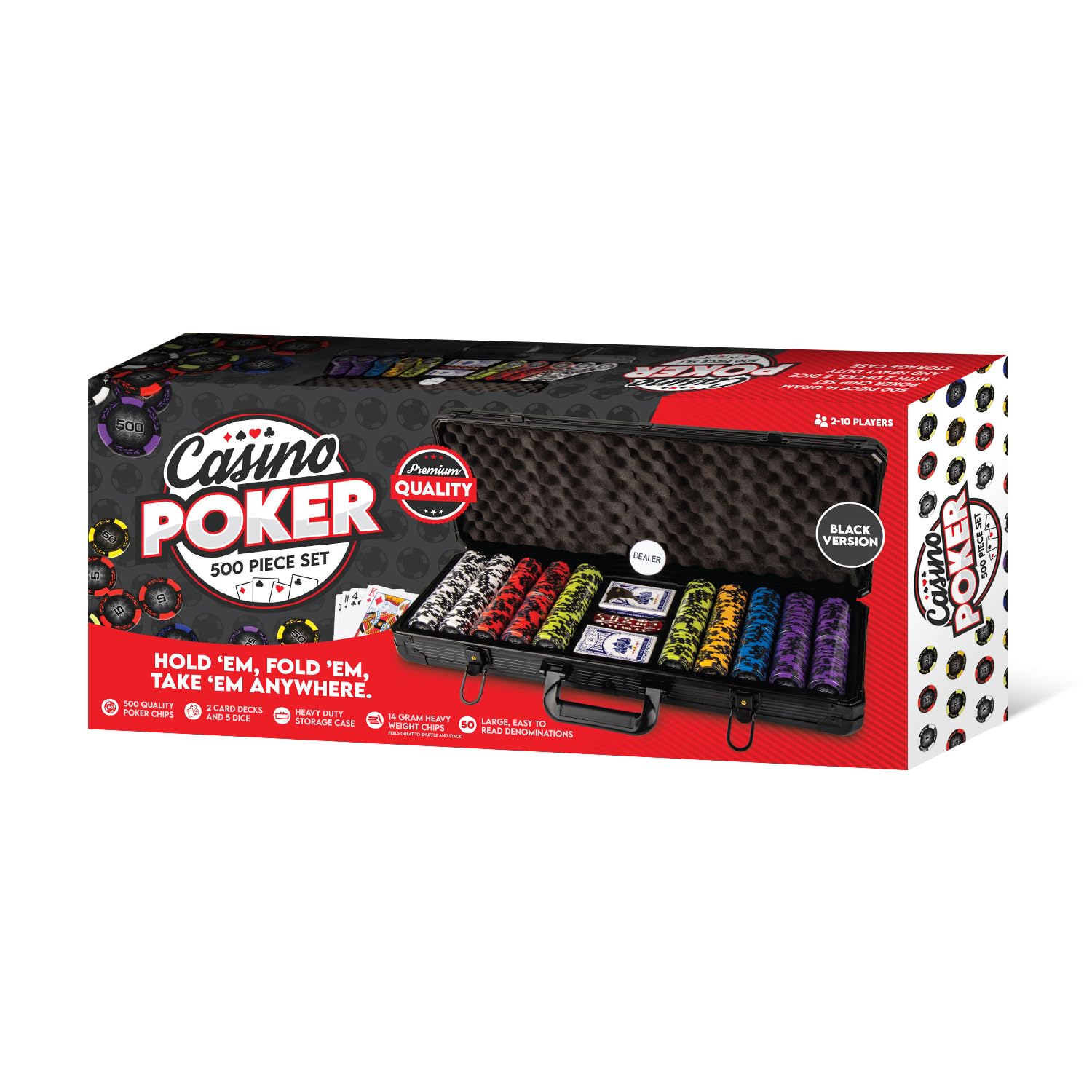 Premium Casino Style Poker Chips Set with Aluminum Case - 500 Numbered Black Chips, 1 Dealer Chip, 2 Playing Card Decks & 5 Red Dice - Perfect for Texas Hold'em, Blackjack & Home Poker Nights - Great Gift for Poker Players & Casino Enthusiasts
