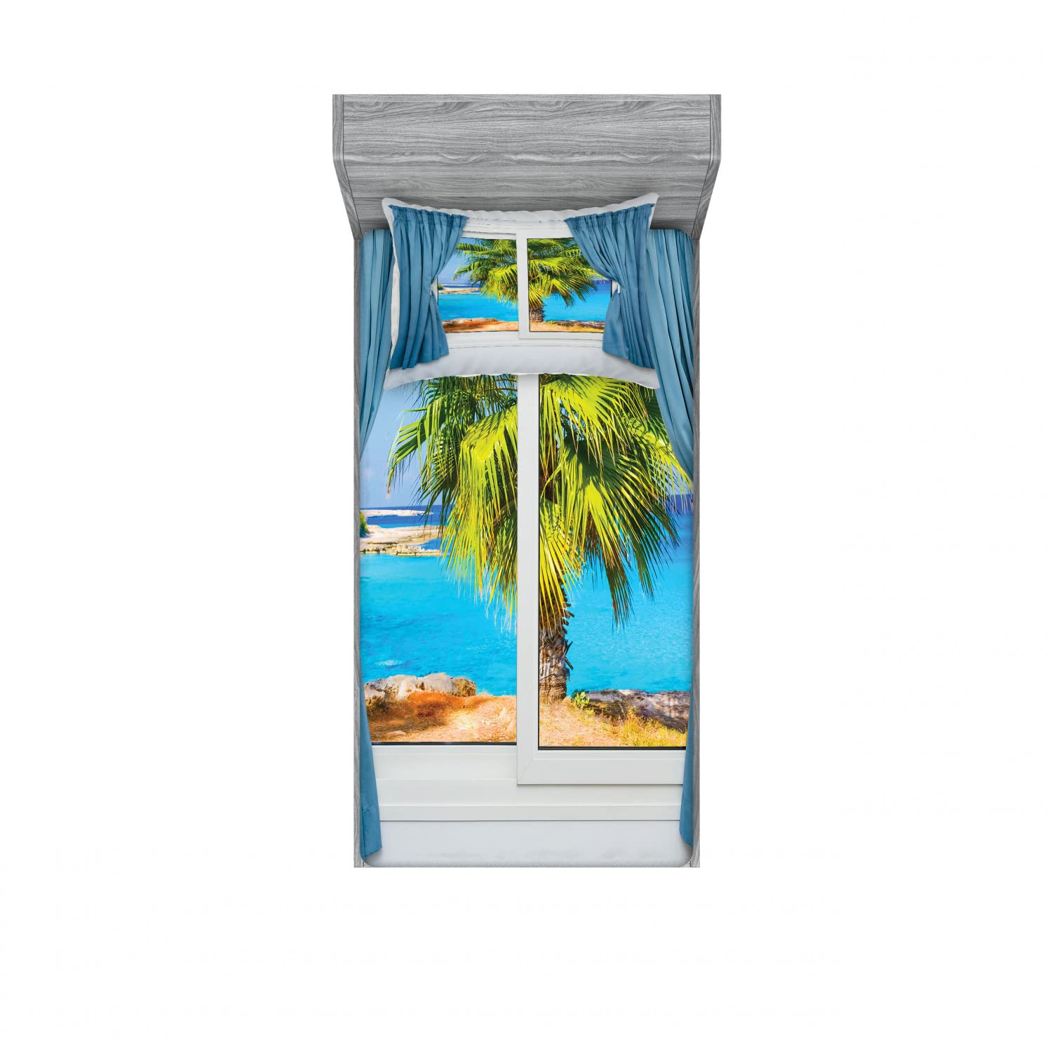 Ambesonne 2-Pack Twin Fitted Sheets & Pillow Sham Set - Tropical Beach Sunset Design, Blue Green Ocean Themed Bedding (4-Piece Set) | Perfect for Guest Rooms, Beach Houses & Vacation Rental Decor
