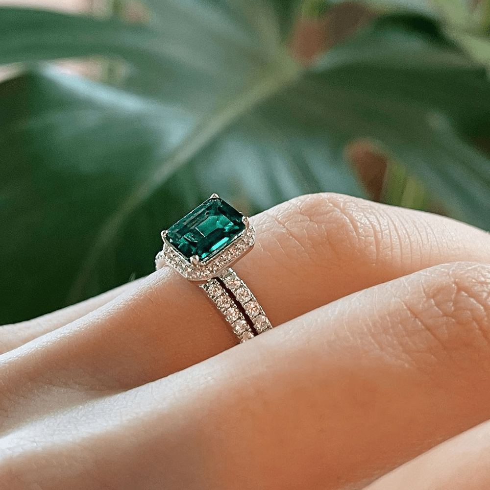 2 CT. Lab-Created Emerald Engagement Ring Set with Matching Wedding Band - Perfect for Proposals, Anniversaries & Bridal Jewelry
