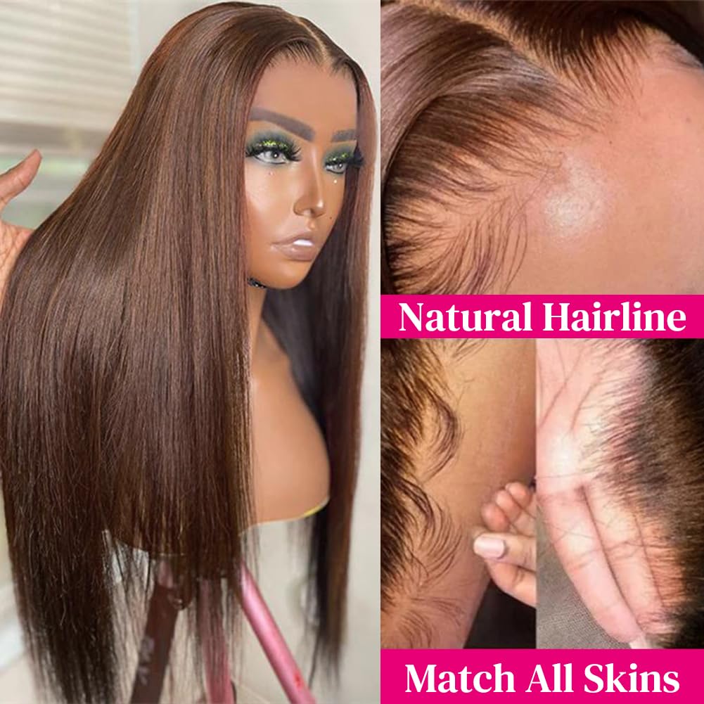 Flady Dark Brown Glueless Human Hair Wig - Straight Lace Front Wig with Pre-Plucked Invisible HD Lace | 150% Density for Women | Perfect for Daily Wear, Cosplay & Special Occasions