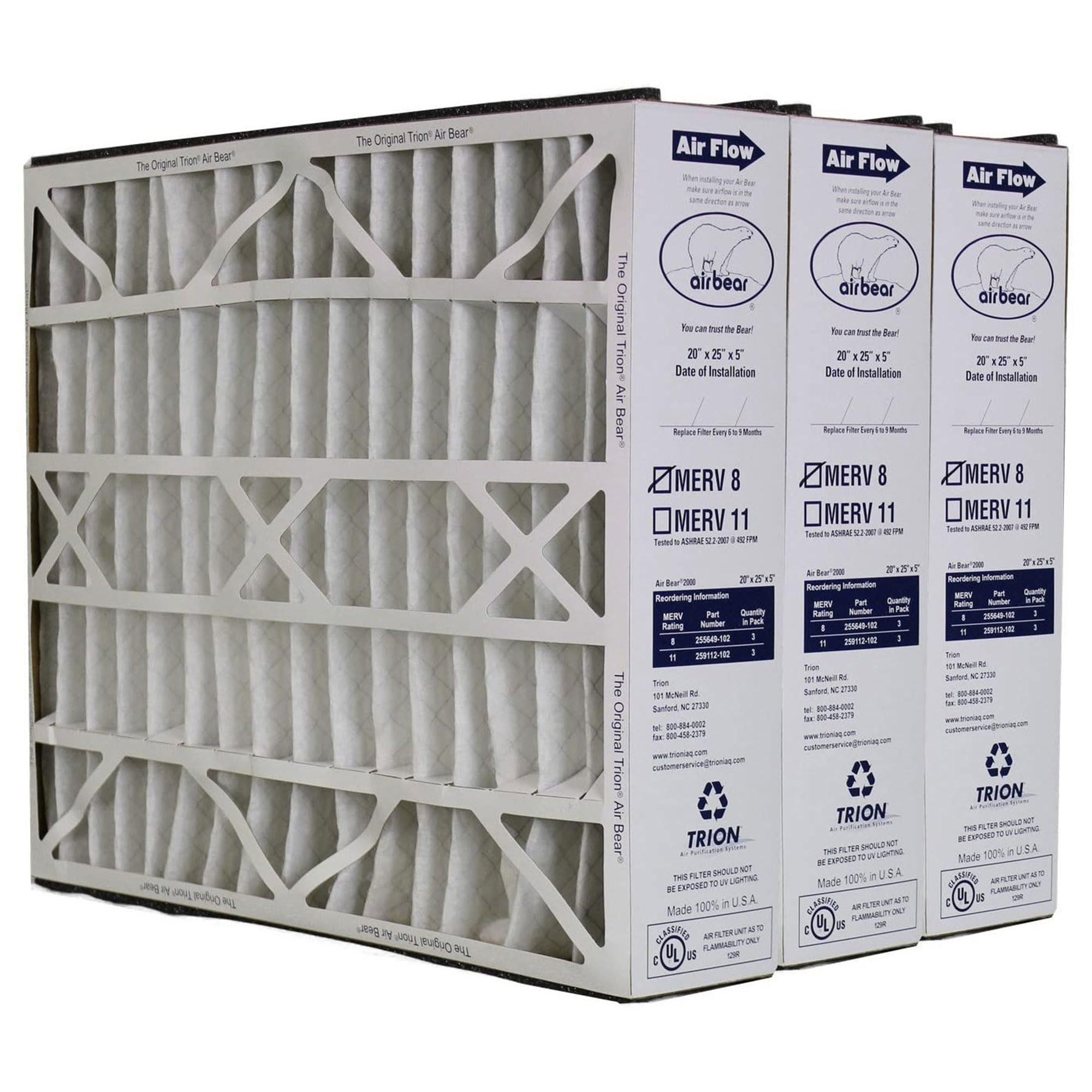 Trion 255649-102 Air Bear 20x25x5 MERV 8 Air Filter Replacement (3 Pack) - Compatible with Air Bear Supreme, Right Angle & Cub Air Cleaners | High Performance HVAC Filtration for Home, Office & Commercial Use