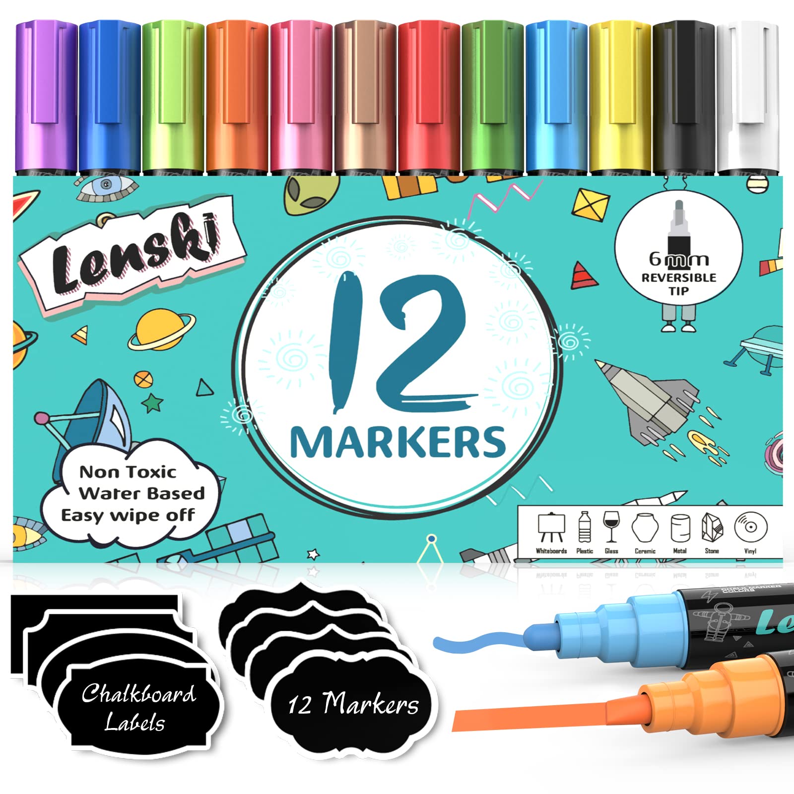 12 Pack Liquid Chalk Markers Set - Washable Chalkboard Markers for Kids, Easter Egg Decorating & Window Writing - Vibrant Dry Erase Pens for Blackboard, Glass, Menu Boards - Perfect for Classroom, Restaurants & DIY Crafts