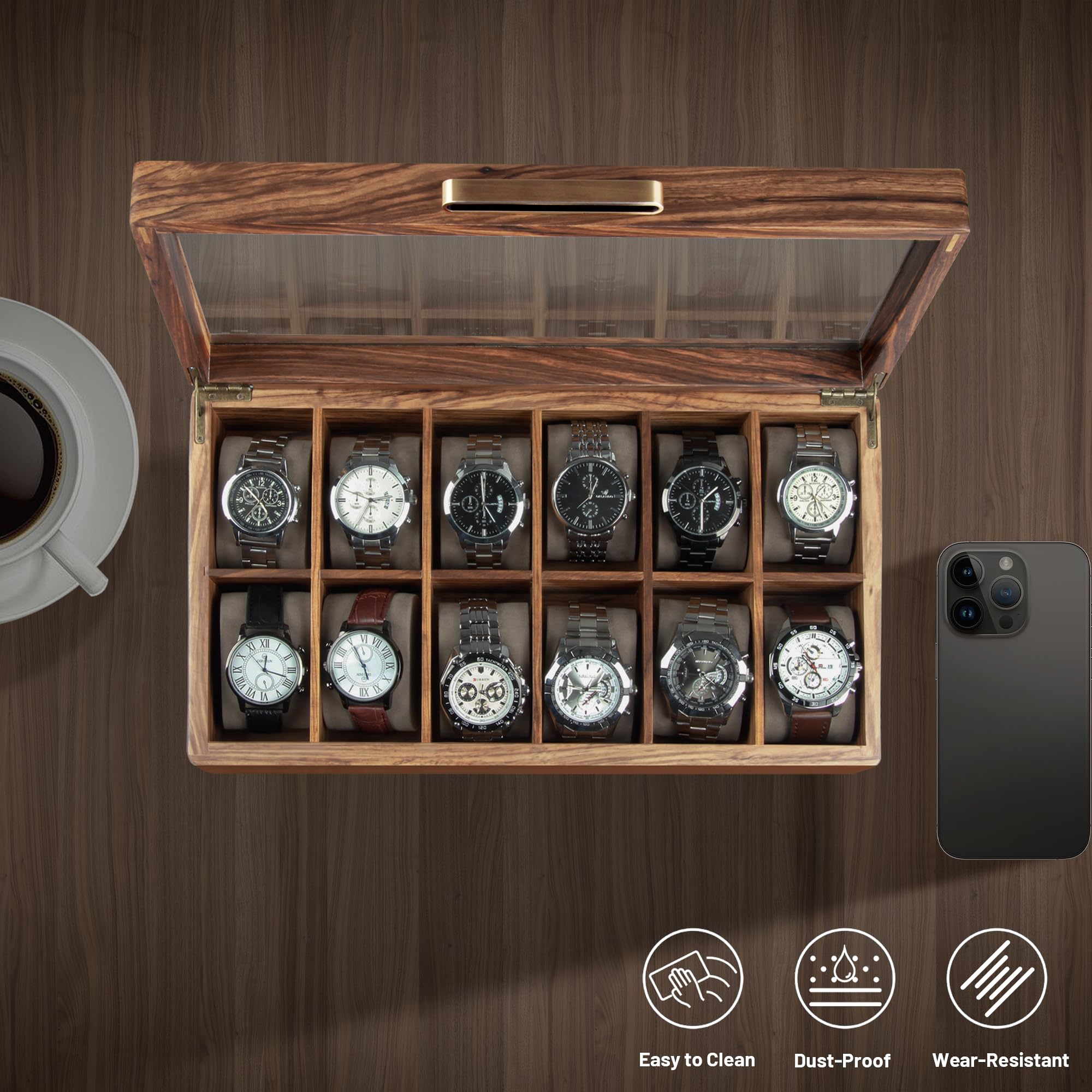 Premium Zebra Wood Watch Case for Men - 12-Slot Luxury Watch Box with Glass Lid & Soft Pillows | Watch Holder, Display Case & Organizer | Perfect Gift for Watch Collectors & Travel Storage Solution