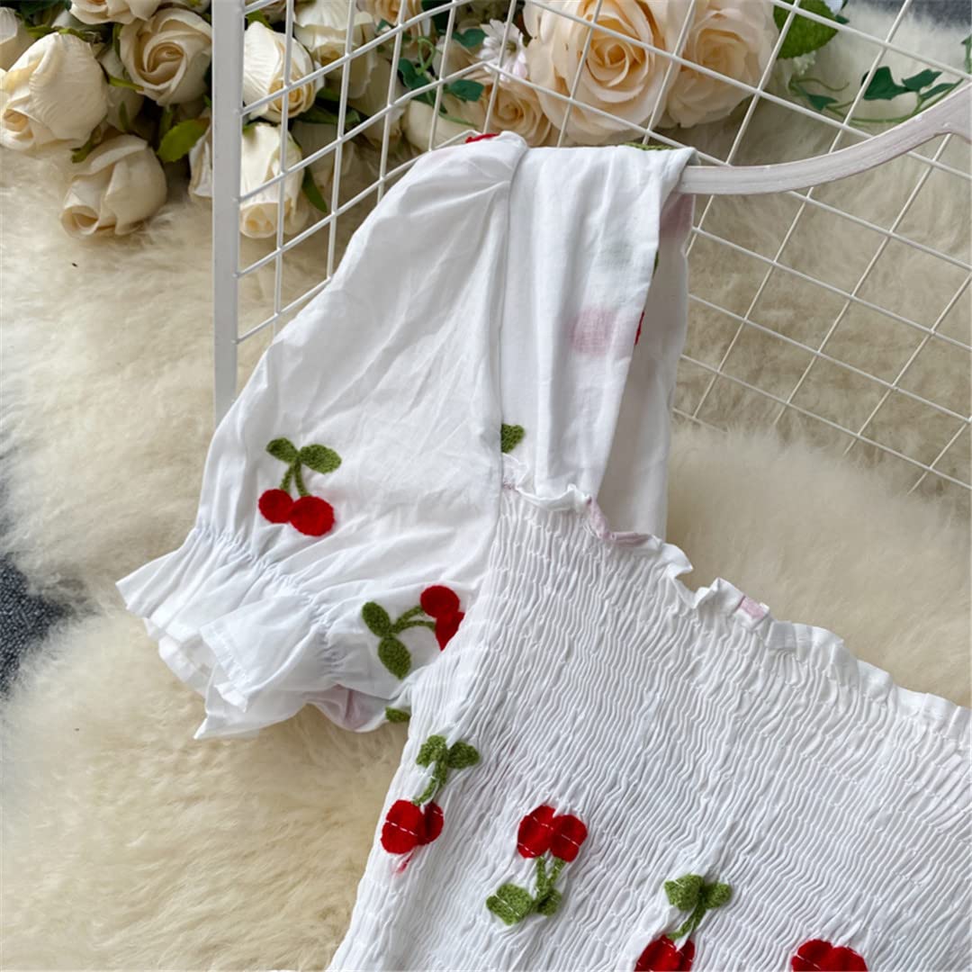Vintage Strawberry Print Women's Dress - Kawaii Cherry Embroidered Puff Sleeve Square Neck Summer Dress in White | Perfect for Beach Vacations, Date Nights & Kawaii Fashion Outfits