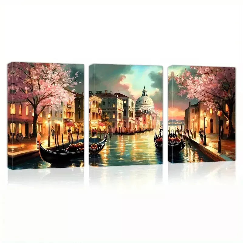 3-Piece Beautiful Longed Water City & Pink Trees Art Set - 50x70cm Framed Canvas Wall Art - High Quality Print, 100% Australian Made - Ready to Hang - Perfect for Living Room, Bedroom & Office Decor