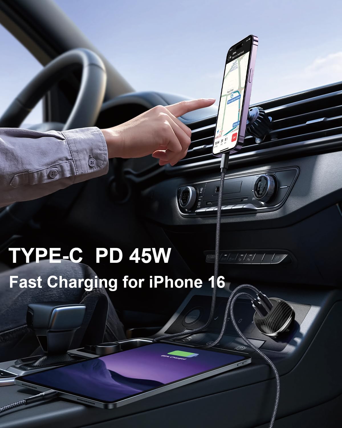 SUNDAREE 90W USB C Car Charger Fast Charging PD45W QC3.0 Dual Port PPS USB Cigarette Lighter Adapter for iPhone 16 15 14 13 Pro Max Plus iPad Samsung Galaxy - Black | Fast Car Charging for Road Trips & Daily Commute