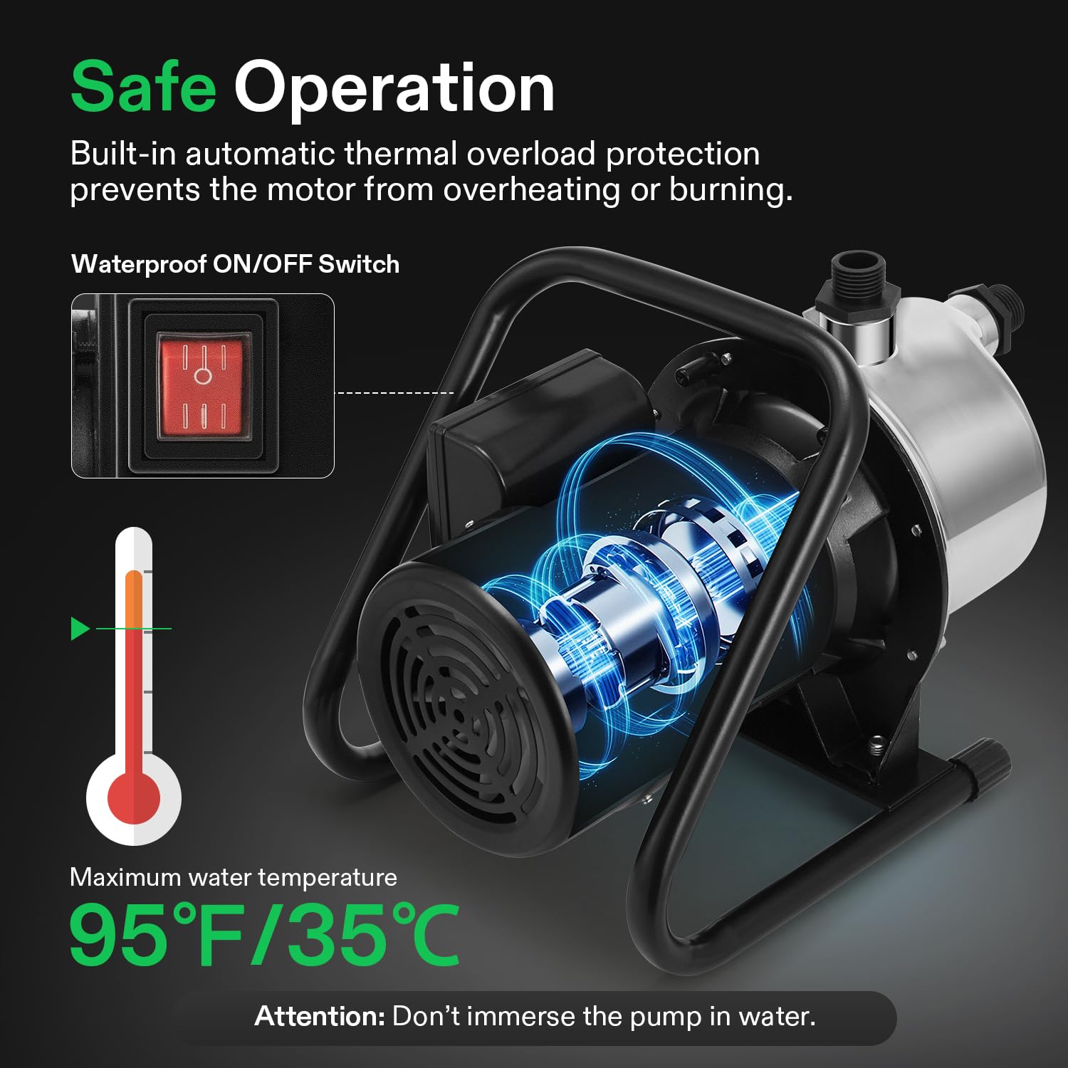 VIVOSUN 1.6HP Shallow Well Pump - 1320GPH High Flow Portable Water Pump with 2 Adapters | Stainless Steel Garden Pump for Lawn Sprinkling, Yard Watering & Farm Irrigation | Ideal for Home Gardens, Agricultural Use & Water Transfer