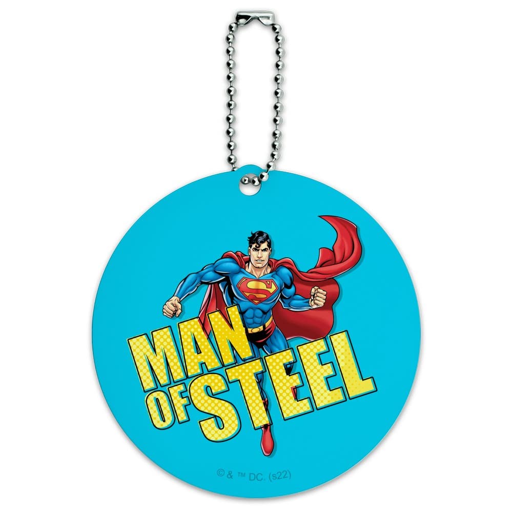 Superman The Man of Steel Round Luggage ID Tag - Durable Suitcase Name Tag for Carry-On Bags - Perfect for Travel, Business Trips & Vacation Identification