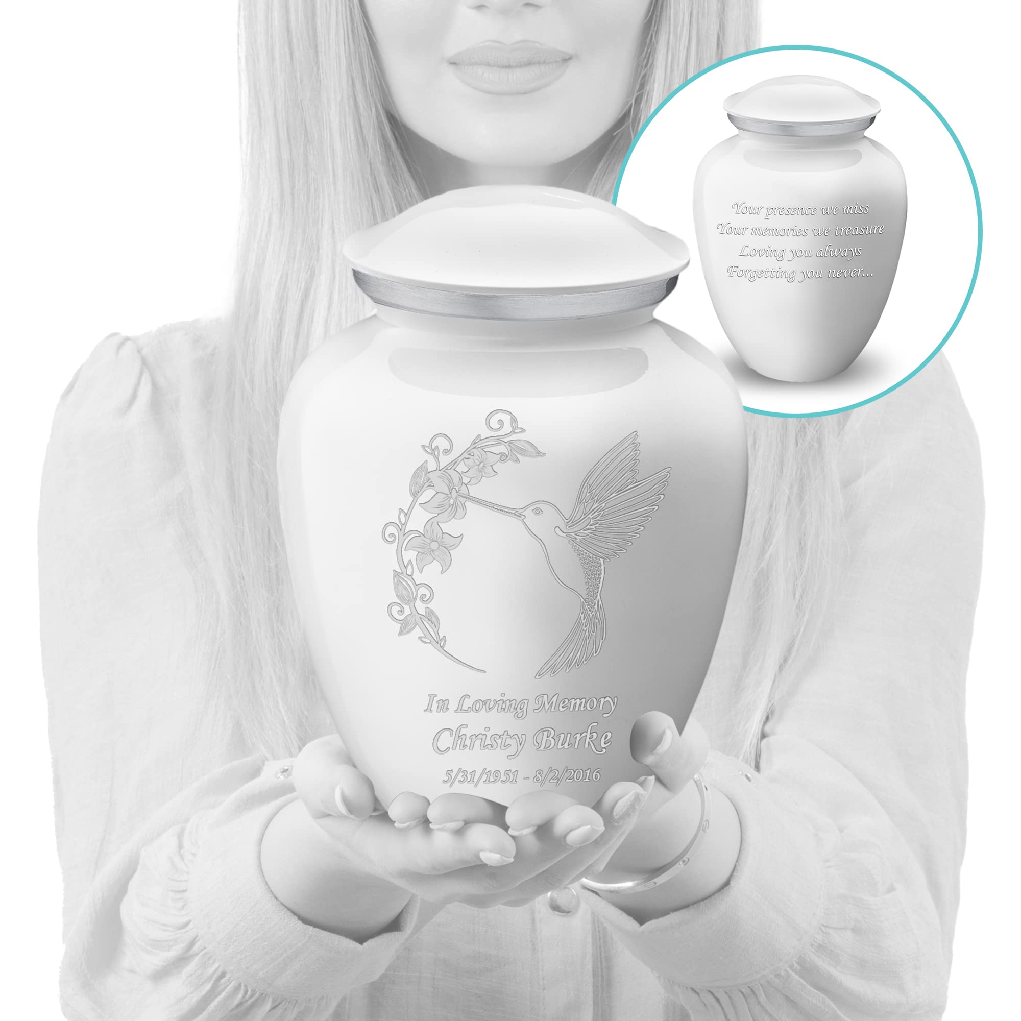 Personalized Hummingbird Cremation Urn for Adults - Large White Funeral Urn for Ashes with Double-Sided Engraving - Holds 200 lbs - Perfect for Memorial Services & Home Display