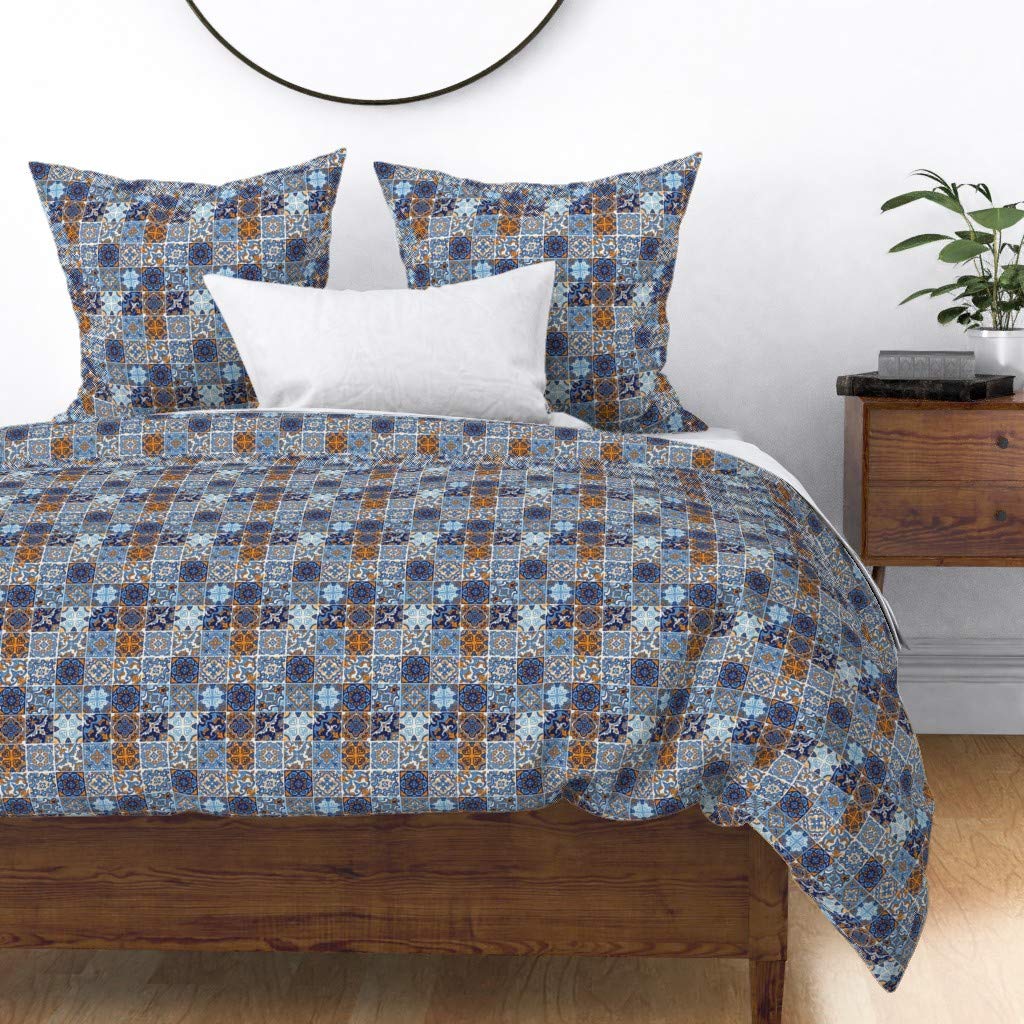 Soft Cotton Sateen Duvet Cover Twin Size - Spanish Tile Moroccan Mexican Ornamental Print Custom Bedding Set | Perfect for Guest Rooms, Vacation Homes & Boho Chic Bedroom Decor