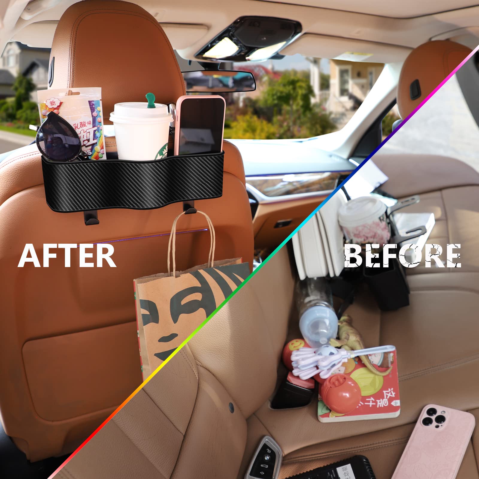 Car Headrest Backseat Organizer with Cup Holders - Multi-Pocket Seat Back Organizer for Kids & Travel Accessories - Perfect for Eating, Snacks & Drinks on Road Trips