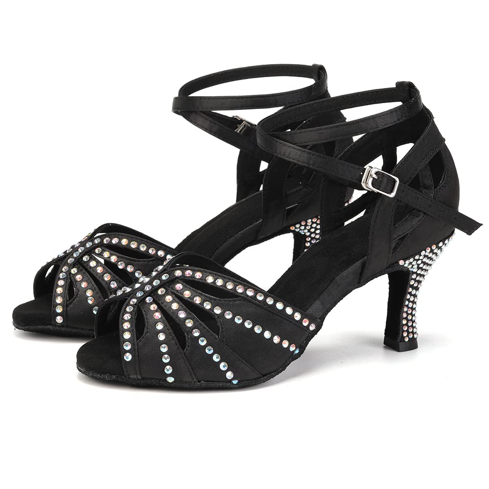 Latin Ballroom Dance Shoes for Women - Rhinestone Salsa Shoes with 3 Inch Heel & Suede Sole | Perfect for Salsa, Bachata, Tango & Wedding Dance Performances