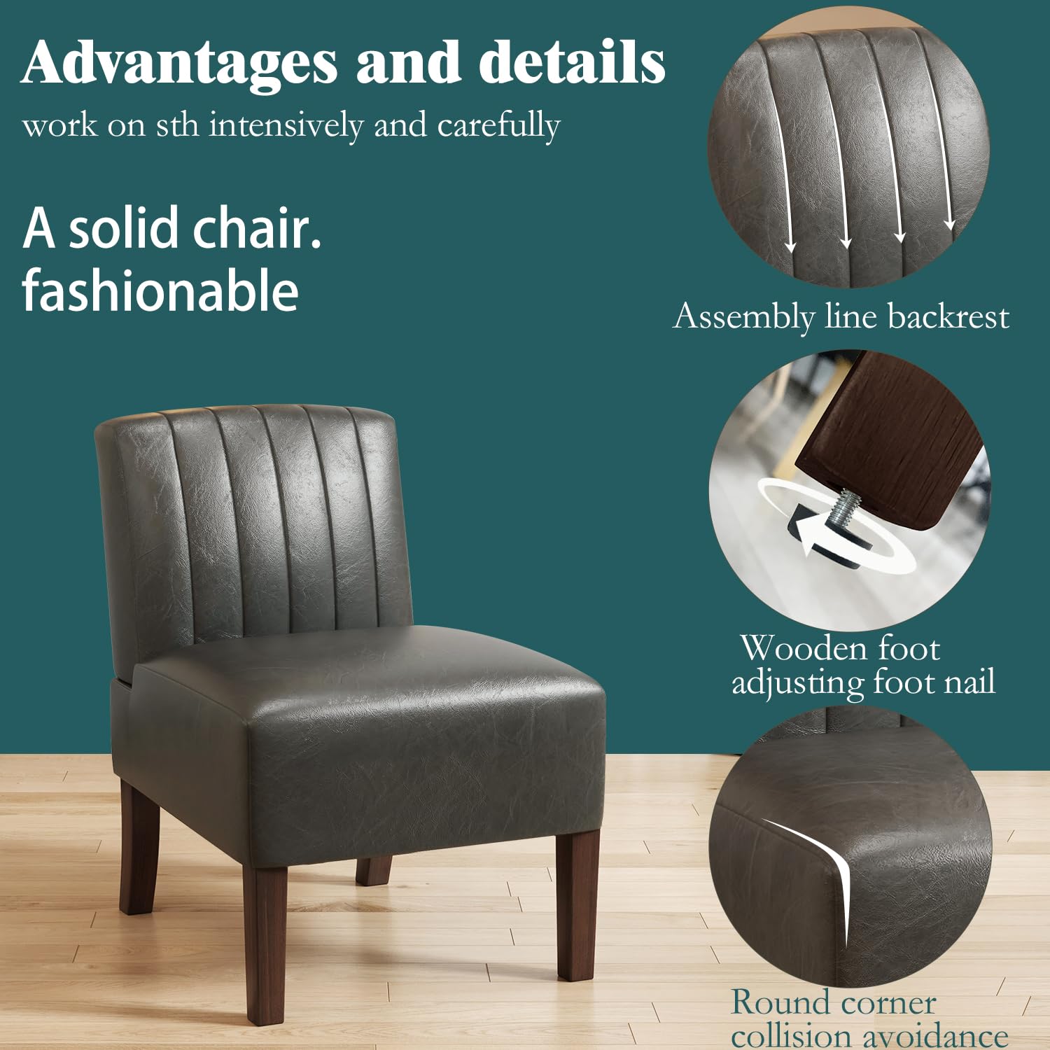 Armless Accent Chairs - Modern Upholstered Dining & Living Room Chairs with Solid Wood Legs - Genuine Leather Reading Chair for Adults - Comfortable Bedroom, Vanity & Kitchen Seating (Asphalt Black) - Perfect for Small Spaces, Home Office & Cozy Reading Nooks