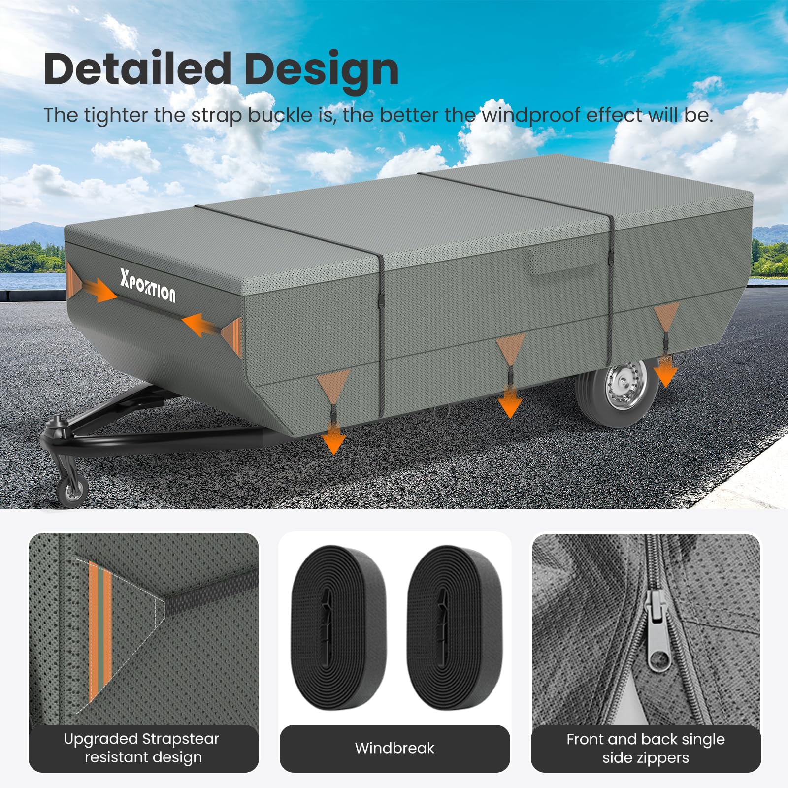 Waterproof Pop Up Camper Cover - Heavy Duty 900D Folding Trailer RV Cover with 7 Reinforced Windproof Straps (Fits 10'-12') - Perfect for Outdoor Camping & RV Storage Protection