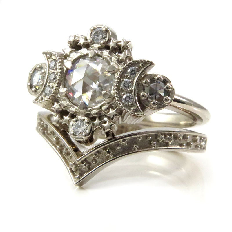 Moissanite Cosmos Engagement Ring Set - Diamond Alternative Wedding Band | Ethically Sourced Celestial Moon & Stardust Chevron Ring for Brides, Proposal, Anniversary Gifts