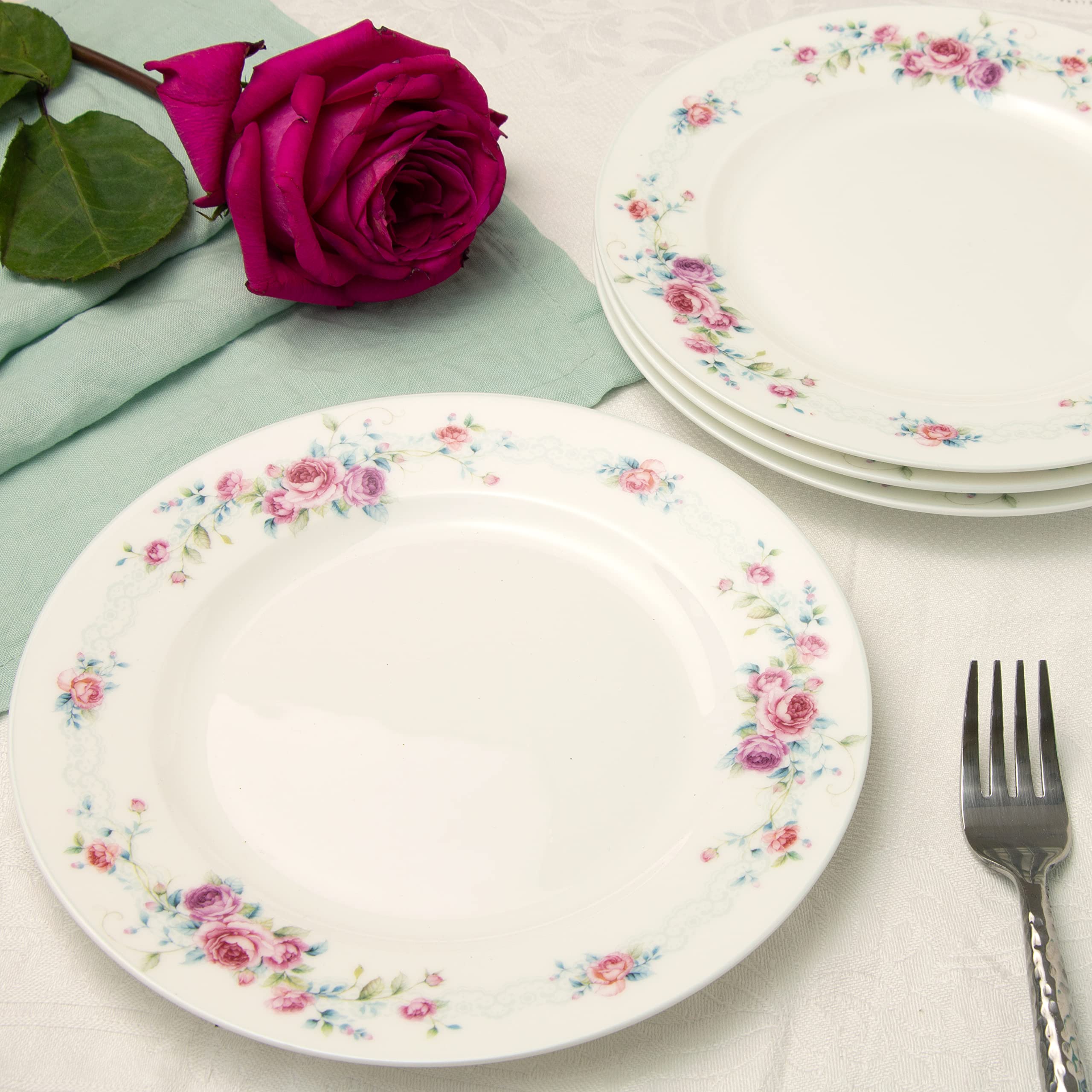 Gracie Bone China 8-Inch Dessert and Salad Plates Set of 4 - Pink and Blue Floral Charm Border, Elegant Claudia's Garden Design for Tea Parties, Weddings, and Special Occasions