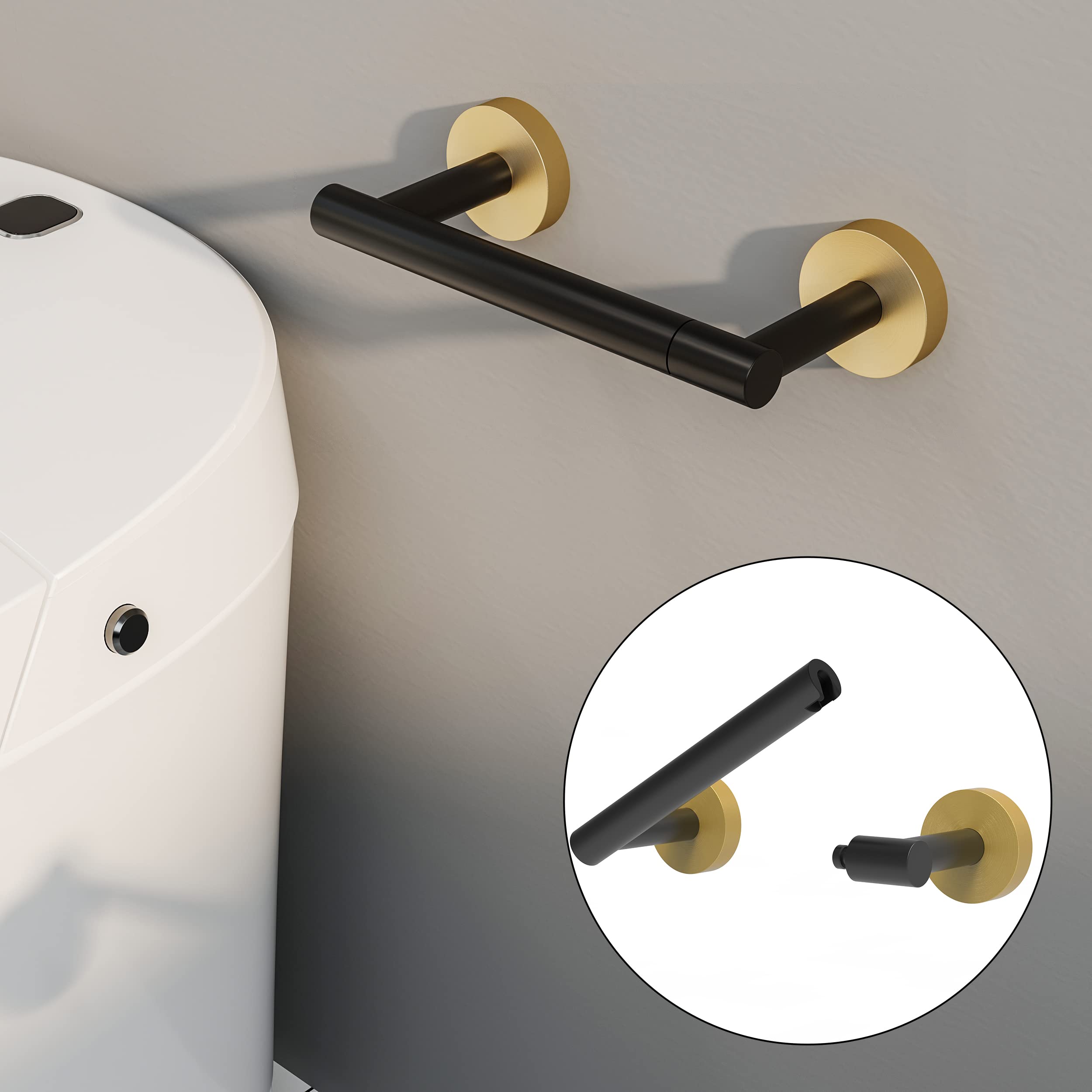 Premium SUS304 Stainless Steel Toilet Paper Holder - Black & Gold Double Post Wall Mounted Roll Holder with Pivot Design for Bathroom, RV & Commercial Use - Durable Matte Black & Brushed Brass Finish for Modern & Luxury Spaces