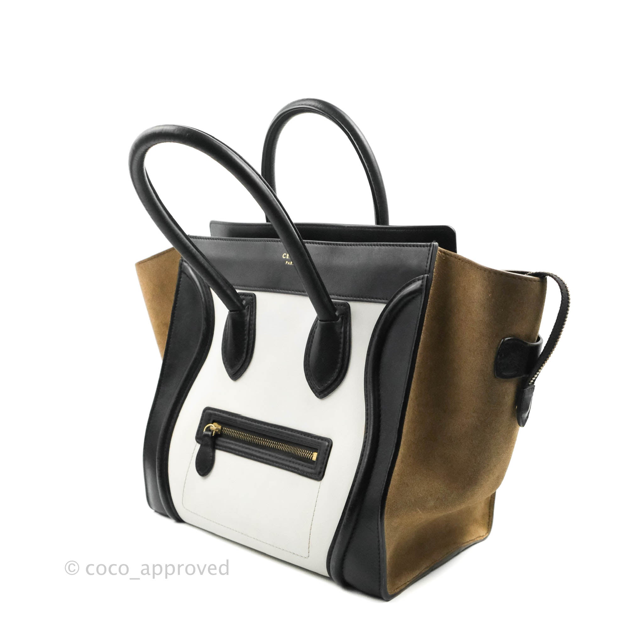 Celine Mini Luggage Bag in Black, White & Brown Calfskin Leather - Perfect for Travel, Work & Everyday Luxury Handbag