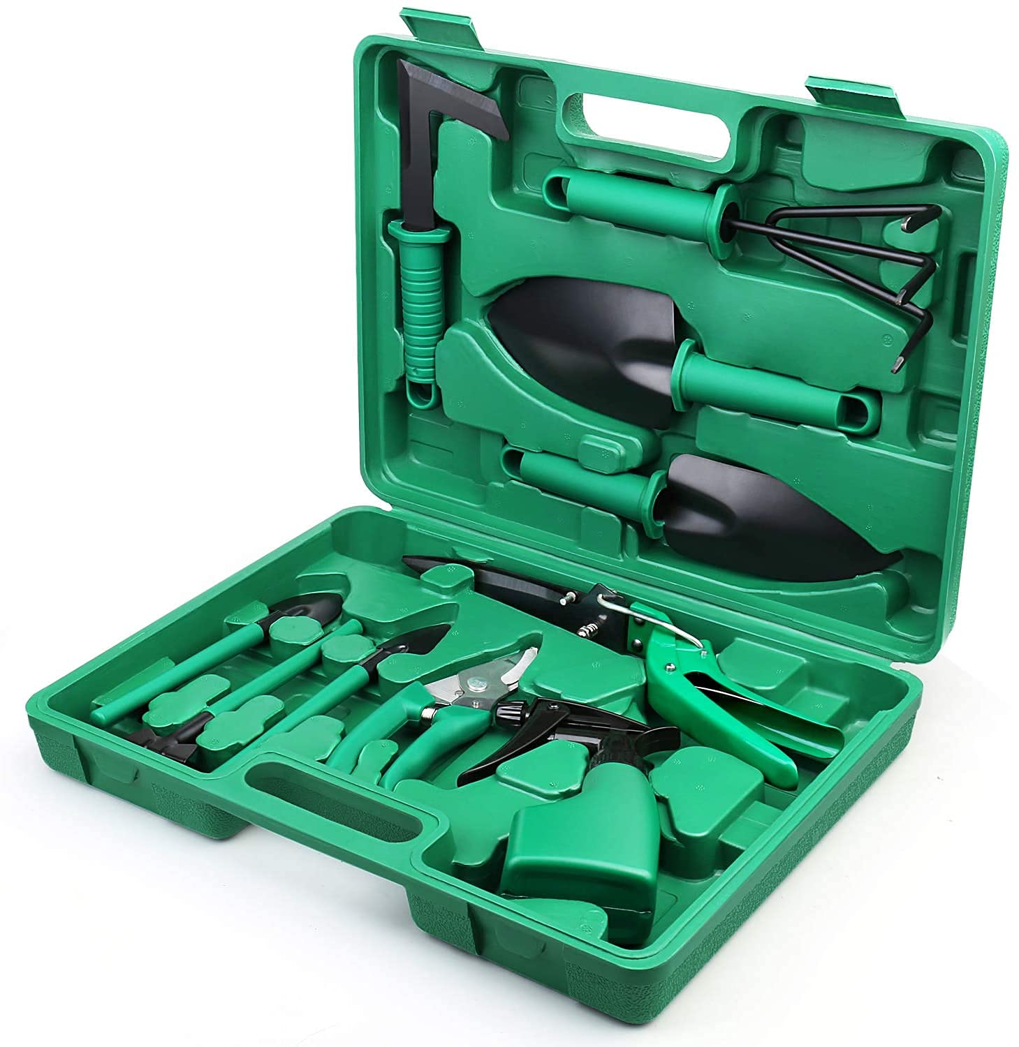 10-Piece Garden Tool Set with Carrying Case - Ergonomic Hand Tools Including Trowel, Rake, Weeder, Pruner, Shears & Sprayer - Perfect Gardening Gifts for Women & Men (Green) - Ideal for Home Gardening, Landscaping & Outdoor Planting Projects