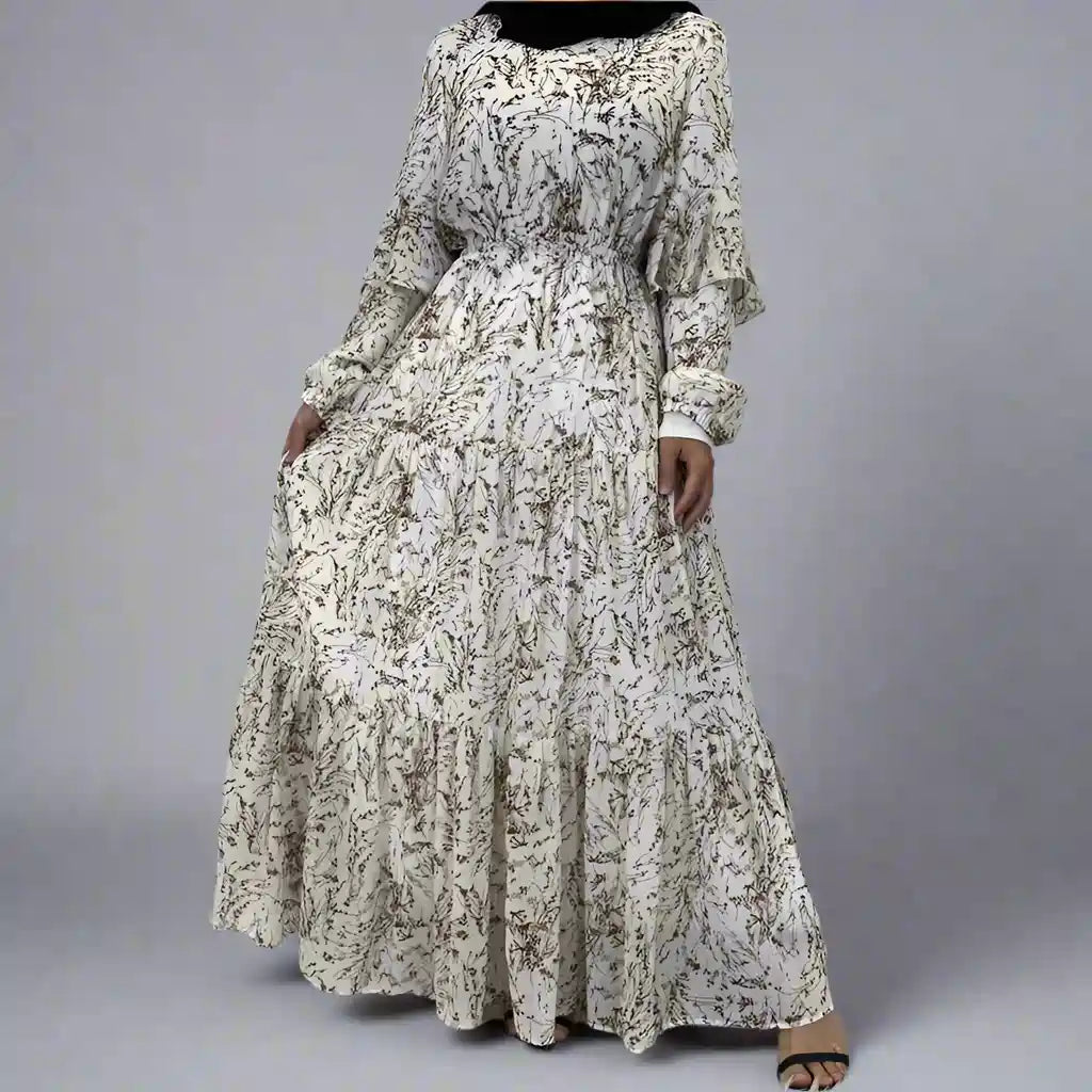 Elegant Muslim Women's Chiffon Abaya Dress with Floral Print - Perfect for Prayer, Eid Celebrations & Modest Fashion