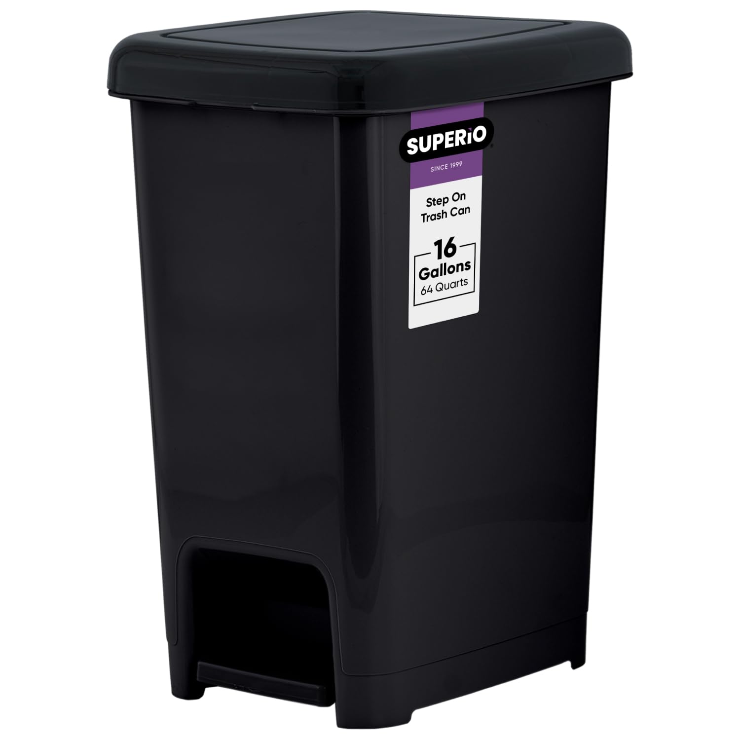 Superio 64 Qt Slim Step-On Pedal Trash Can - 16 Gallon Black Kitchen & Home Garbage Bin with Durable Metal Pedal | Perfect for Under Sink, Office, Bathroom & Outdoor Waste Disposal