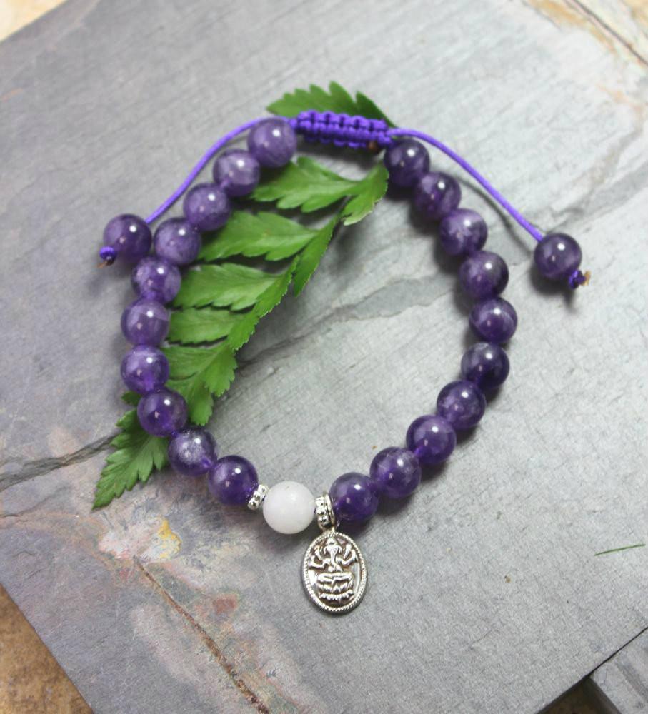 Amethyst Ganesh Wrist Mala Bracelet - Spiritual Meditation Beads for Yoga, Prayer & Positive Energy - Handmade Gemstone Jewelry for Mindfulness & Stress Relief