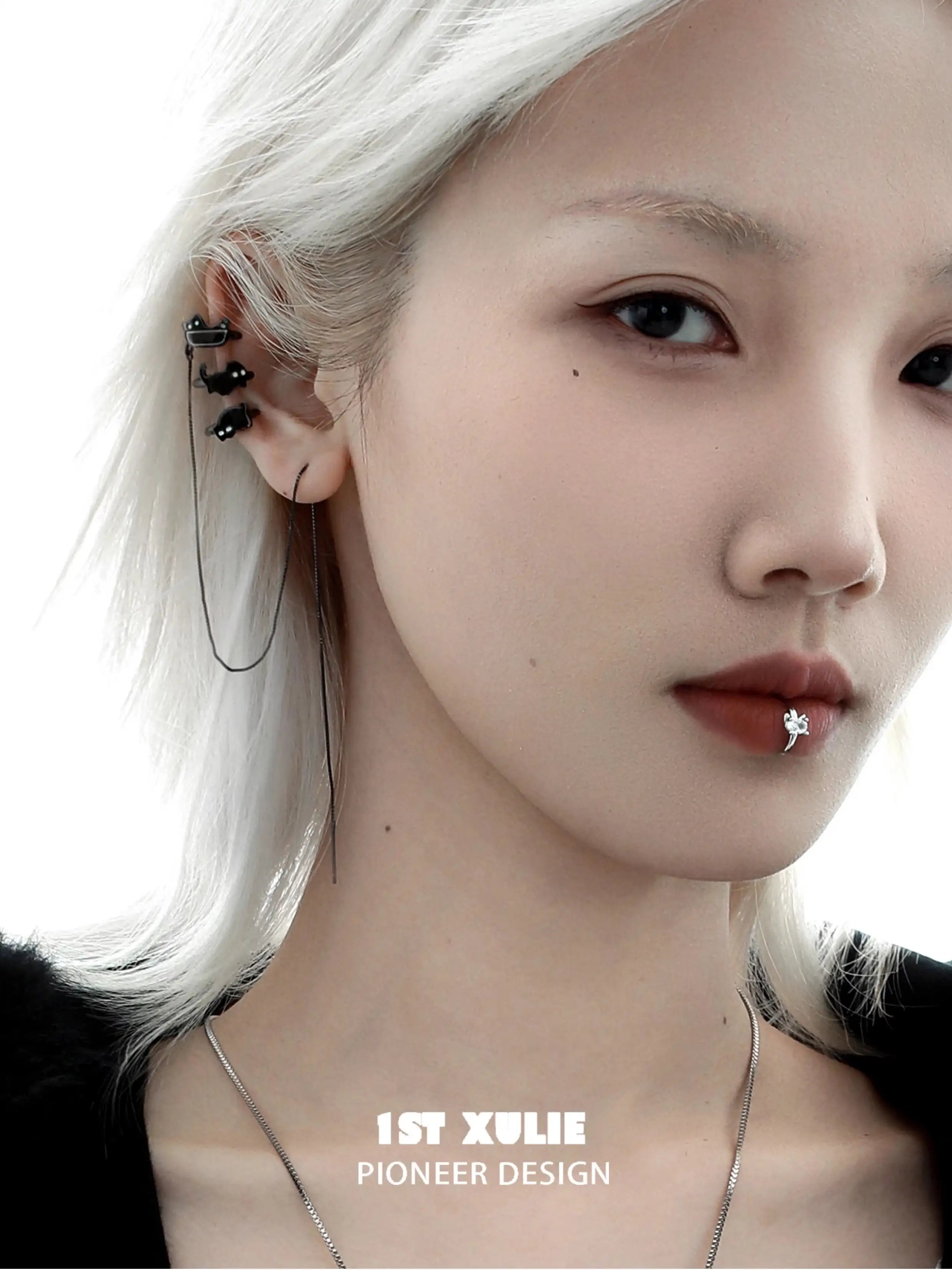 18K Black Gold Plated Ghost Black Cat Ear Clips - Elegant Gothic Jewelry for Women, Perfect for Halloween, Cosplay & Night Out Accessories