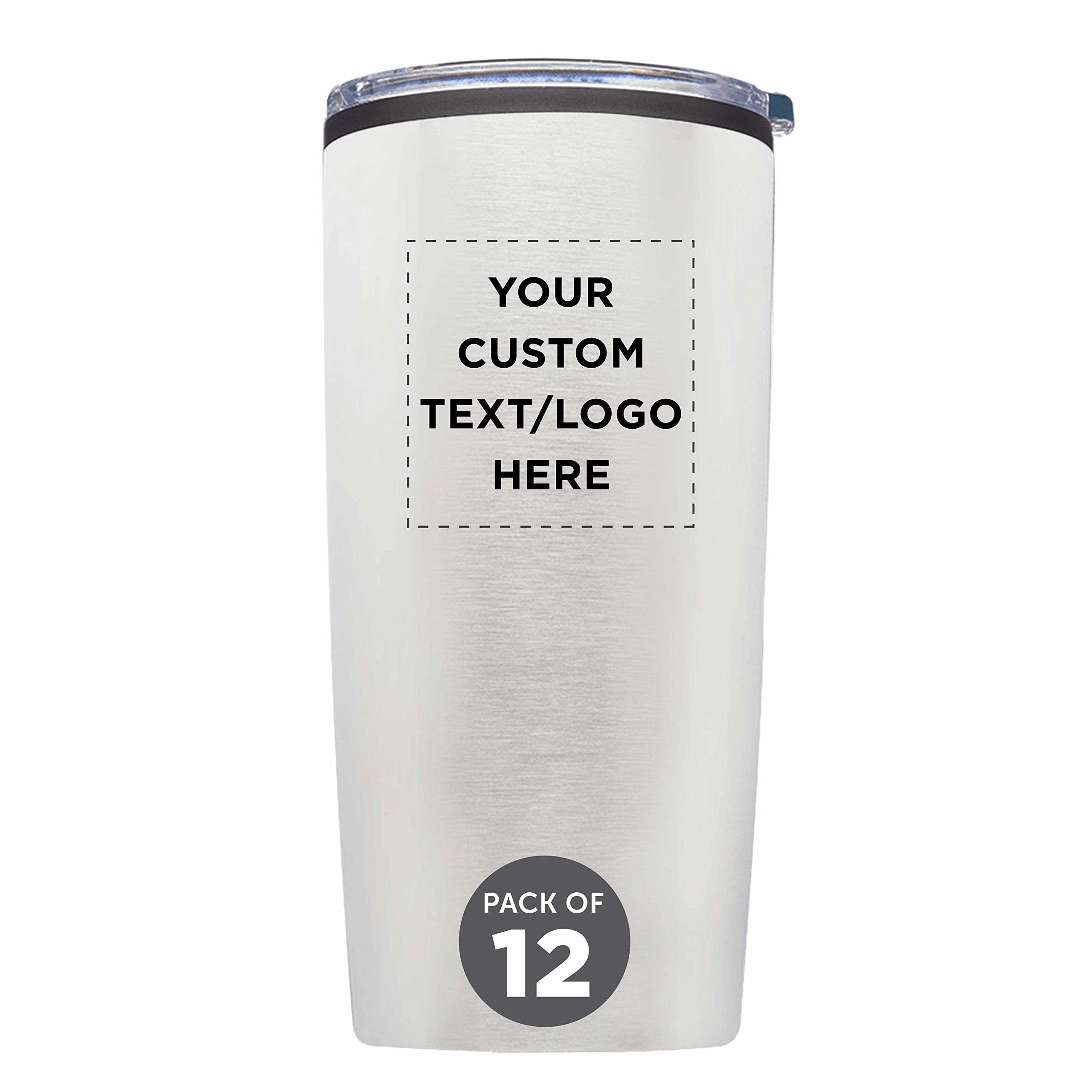 12-Pack Custom 20oz Insulated Plastic Tumblers with Lids - Personalized Bulk Coffee Cups, Iced Beverage Tumblers for Travel, Office & Outdoor Use - Silver