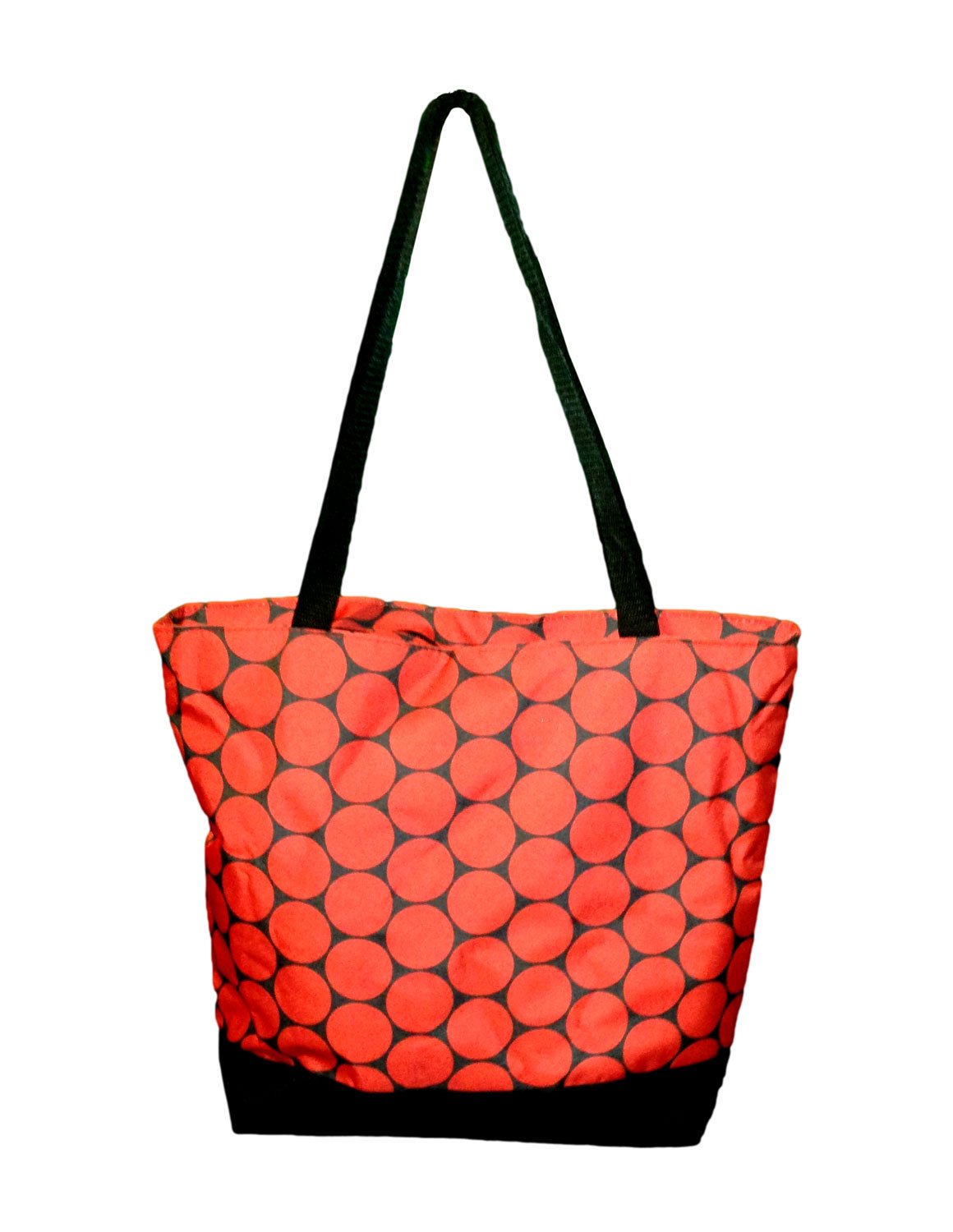 California Medium Dot Print Zipper Beach Tote Bag (Red Dots on Black) - Stylish & Spacious for Pool, Travel & Shopping