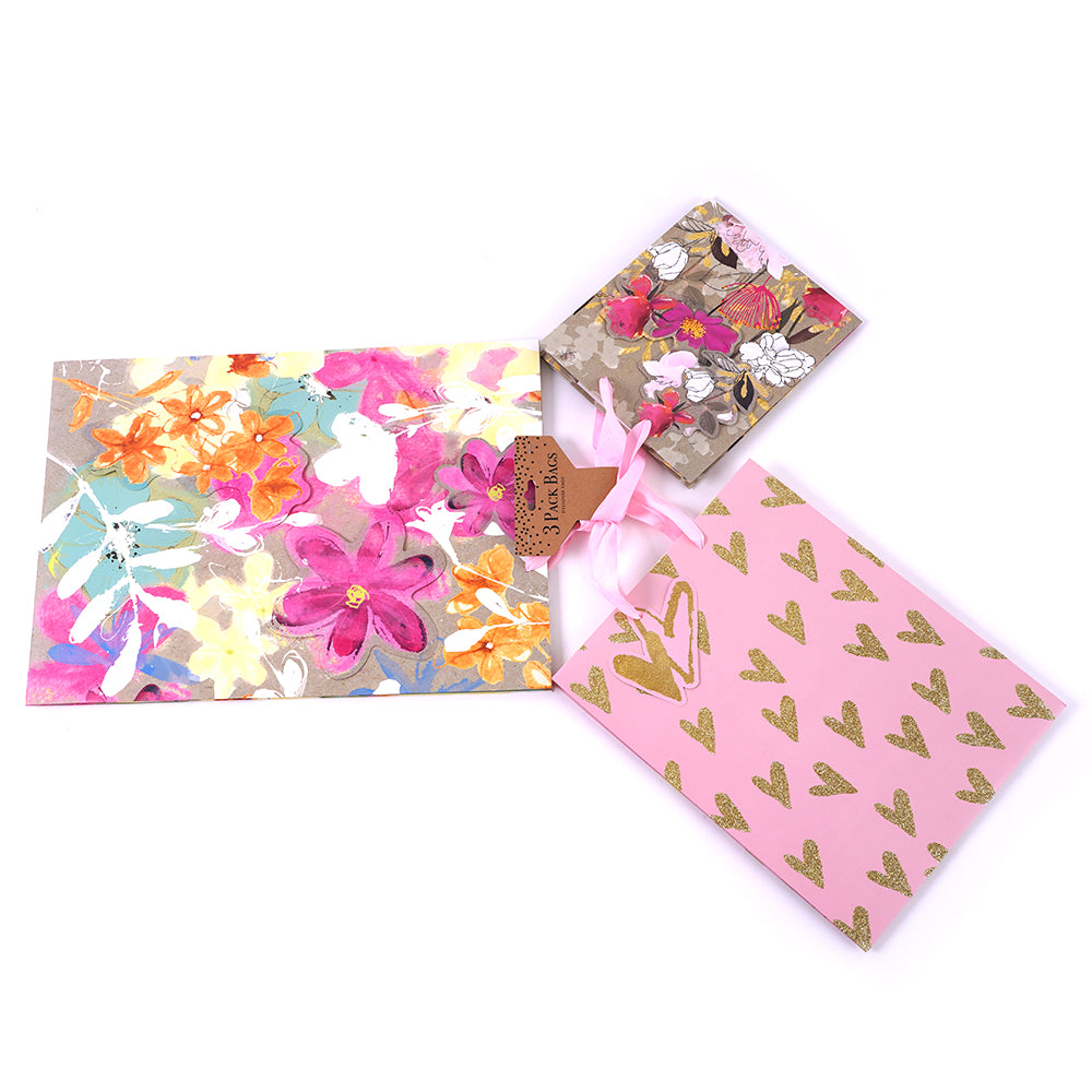 3-Pack Floral Gift Bags with Glitter & Pop Layer - Perfect for Birthday, Wedding & Party Favors (M/L/XL Sizes) | Elegant Present Packaging for Women, Bridal Showers & Special Occasions