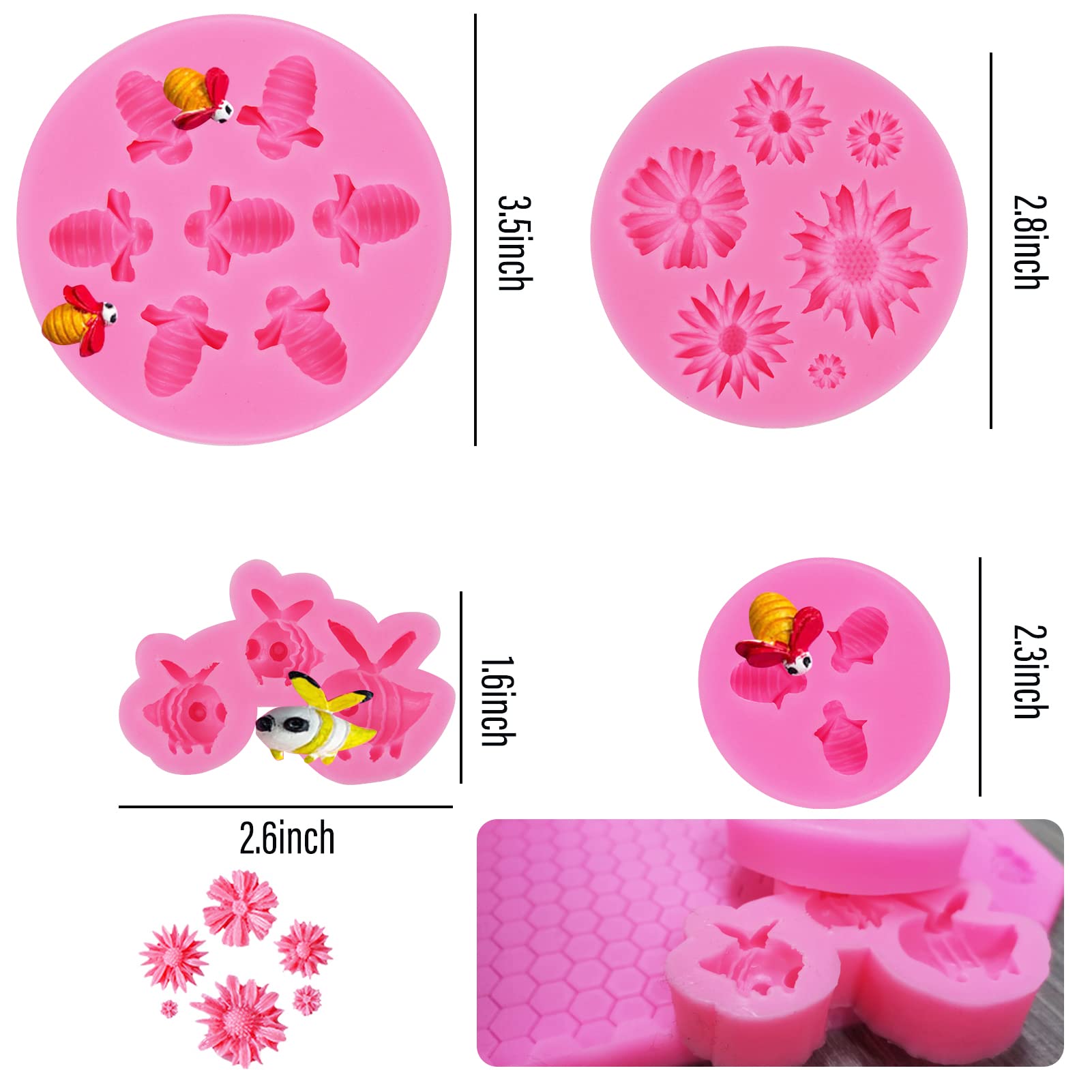7-Piece Bee Silicone Mold Set - Honeycomb, Sunflower & Beehive Cake Decorating Molds for Fondant, Chocolate & Candy Making - Perfect for Birthday Cakes, Cupcake Toppers, and DIY Baking Projects