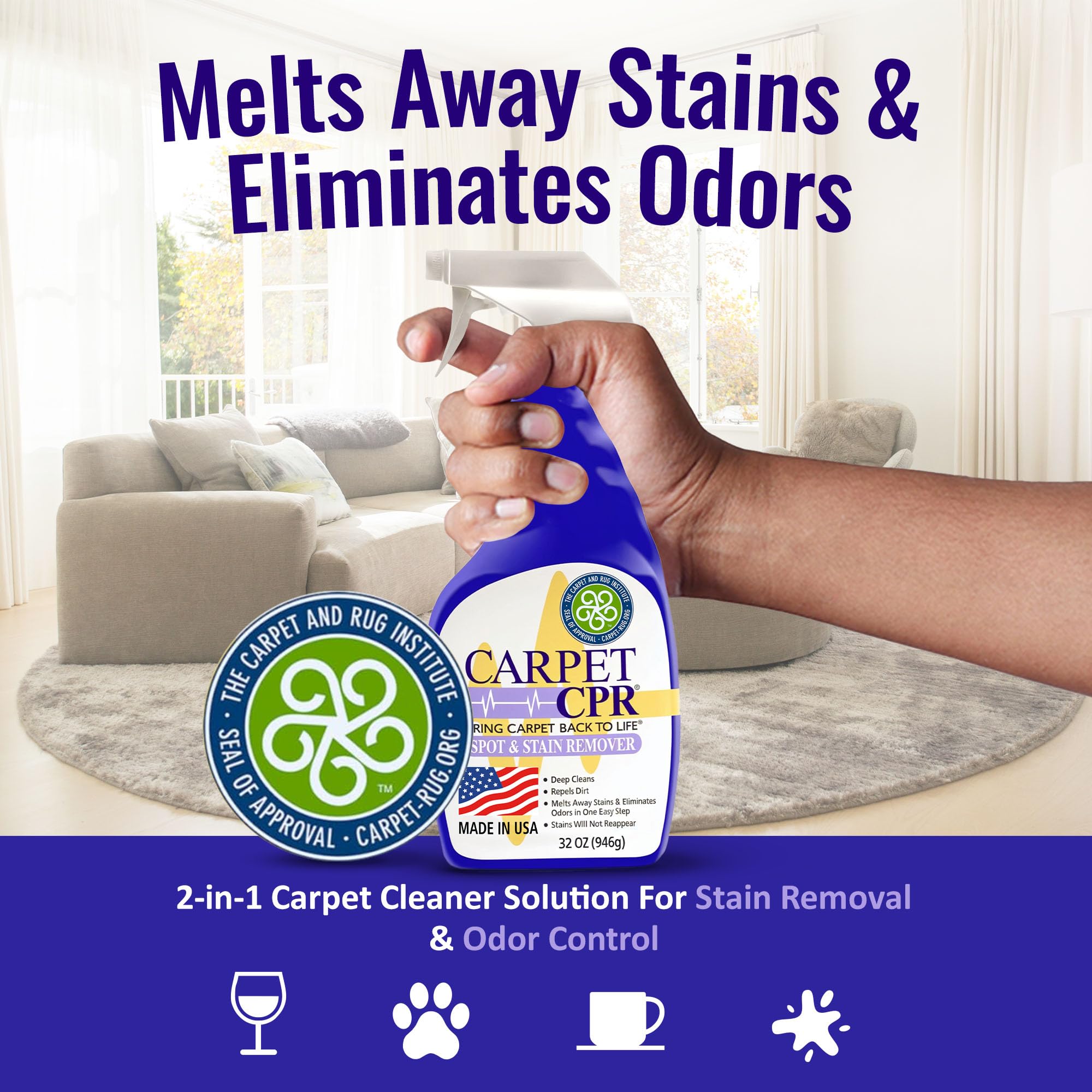 Powerful Carpet Spot & Stain Remover Spray - 32oz Heavy Duty Pet & Coffee Stain Cleaner Solution for Carpets, Upholstery & Furniture | Perfect for Homes with Pets, Kids & High-Traffic Areas