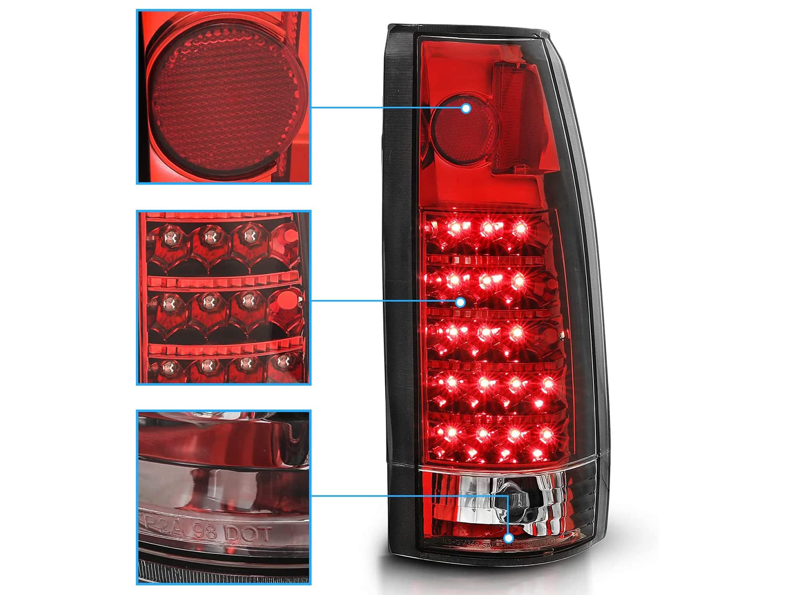 1988-1999 Chevy GMC C/K Pickup Truck Tahoe Suburban LED Tail Lights - Clear Red Housing Replacement Pair (Driver & Passenger Side) | Durable Waterproof Design for Off-Road & Night Driving