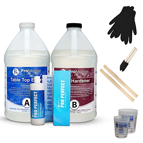 Pro Marine Supplies Crystal Clear Table Top Epoxy Kit (2-Part 1-Gallon) with Accessories & Pro Perfect Epoxy Polishing Kit (16 oz) | DIY Resin & Hardener Set for Bar Tops, Countertops, Art Projects | High Gloss, Bubble-Free, Self-Leveling Epoxy Resin for Wood, Concrete, and Tabletop Coating
