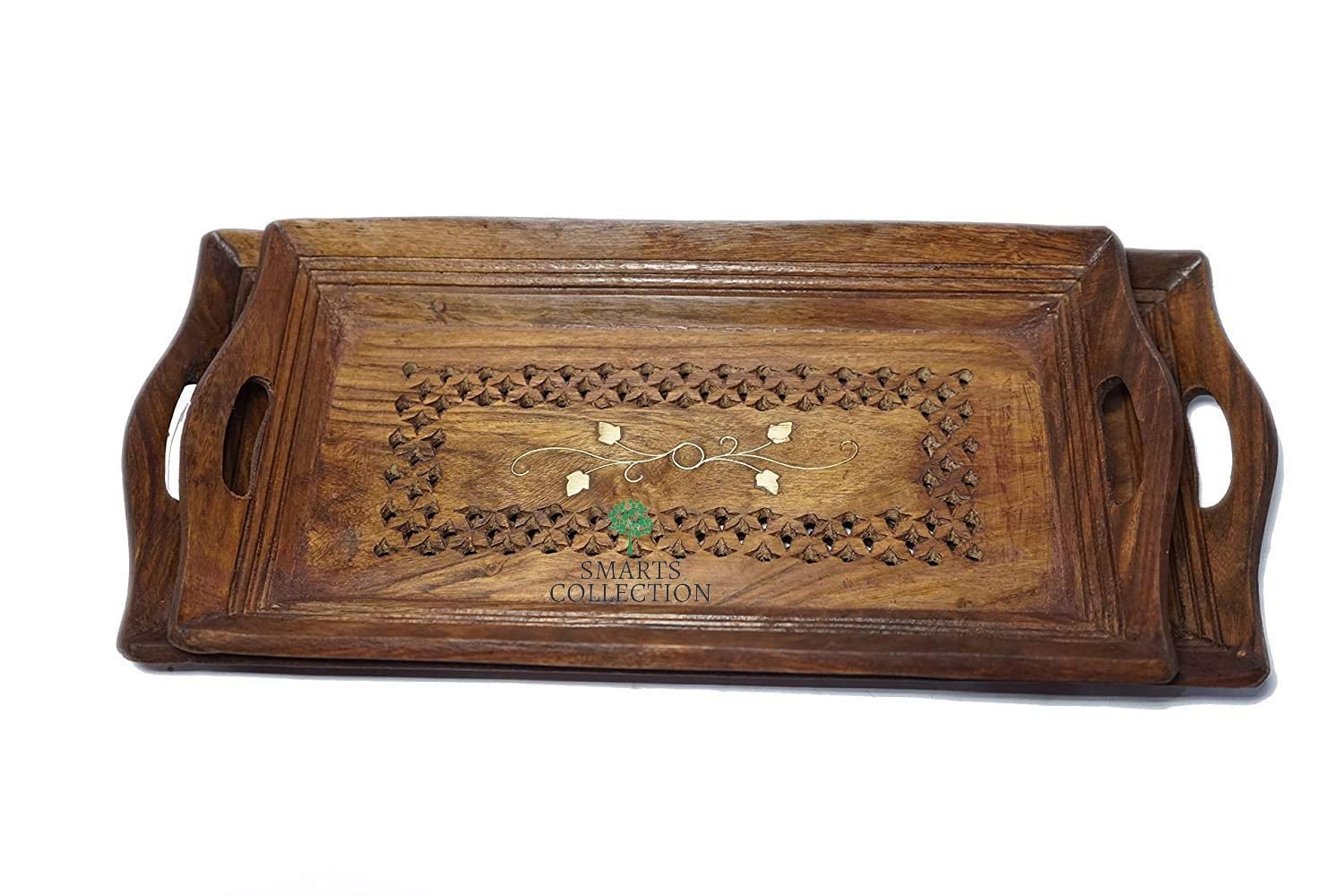 SMARTS COLLECTION Hand Carved Wooden Serving Tray Set of 2 - Decorative Tea Coffee Snack Platter for Home Kitchen Table Decor - Perfect for Afternoon Tea, Breakfast in Bed & Entertaining Guests