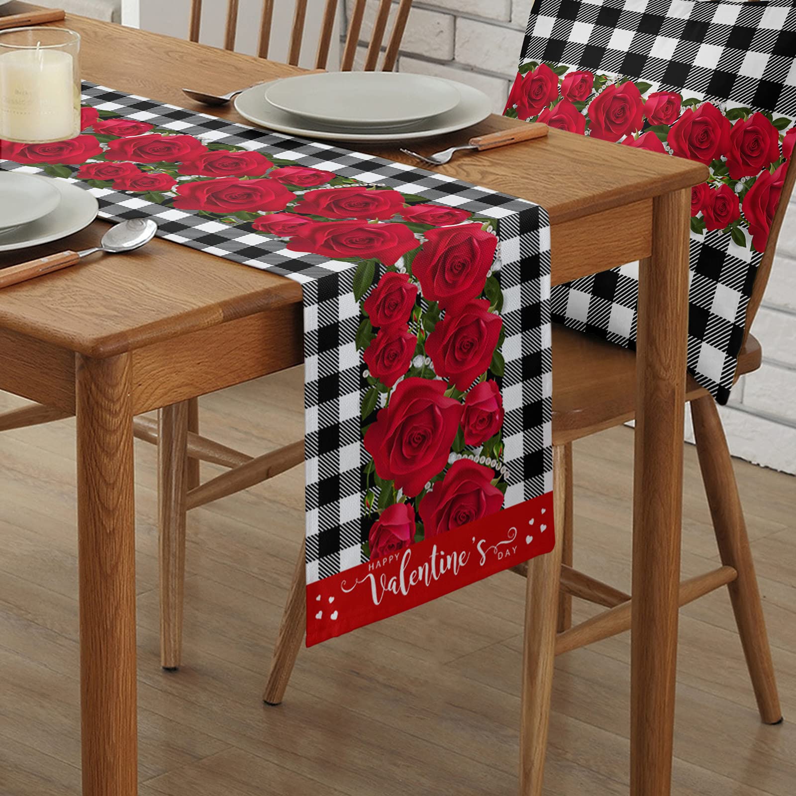 Valentine's Day Table Runner 18x72 Inch - Rose Buffalo Plaid Cotton Tablecloth for Wedding, Party & Home Decor - Coffee & Dining Table Scarf - Romantic Home Decoration for Valentine's, Anniversary & Special Occasions