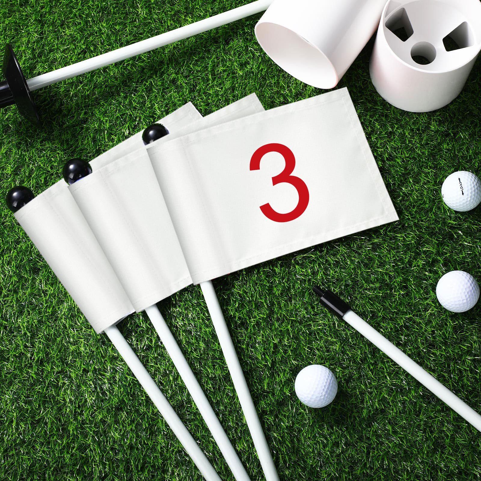 Hungdao 3-Piece Golf Flagstick Set with Nylon Flags & Practice Cups - Portable 2-Section Putting Green Flag Poles for Backyard & Mini Golf Course | Perfect for Home Practice, Outdoor Training & Backyard Games