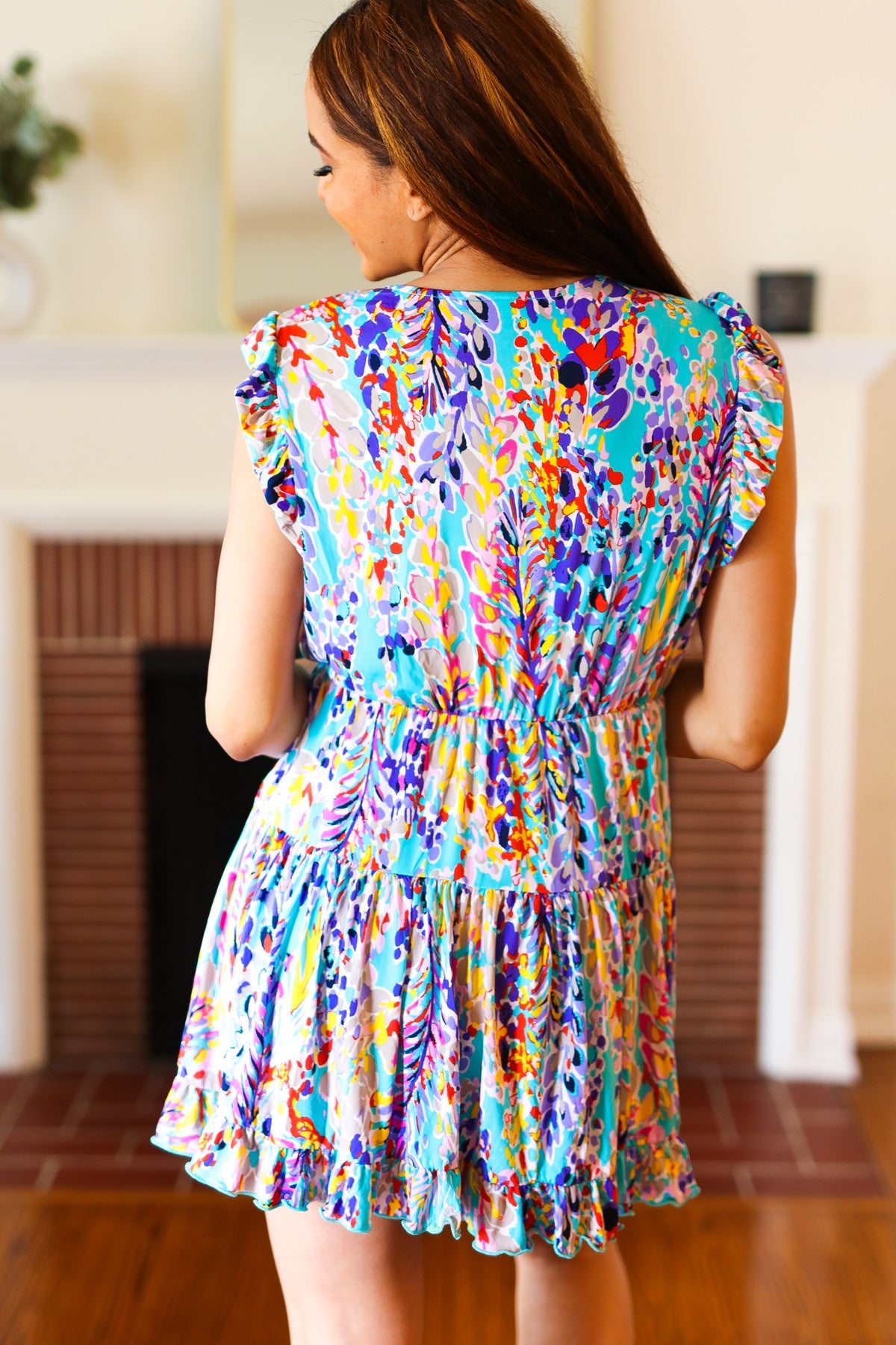 Just for Fun Aqua Floral V-Neck Ruffle Sleeve & Hem Dress - Women's Summer Boho Beach Dress for Vacation, Party, and Casual Wear