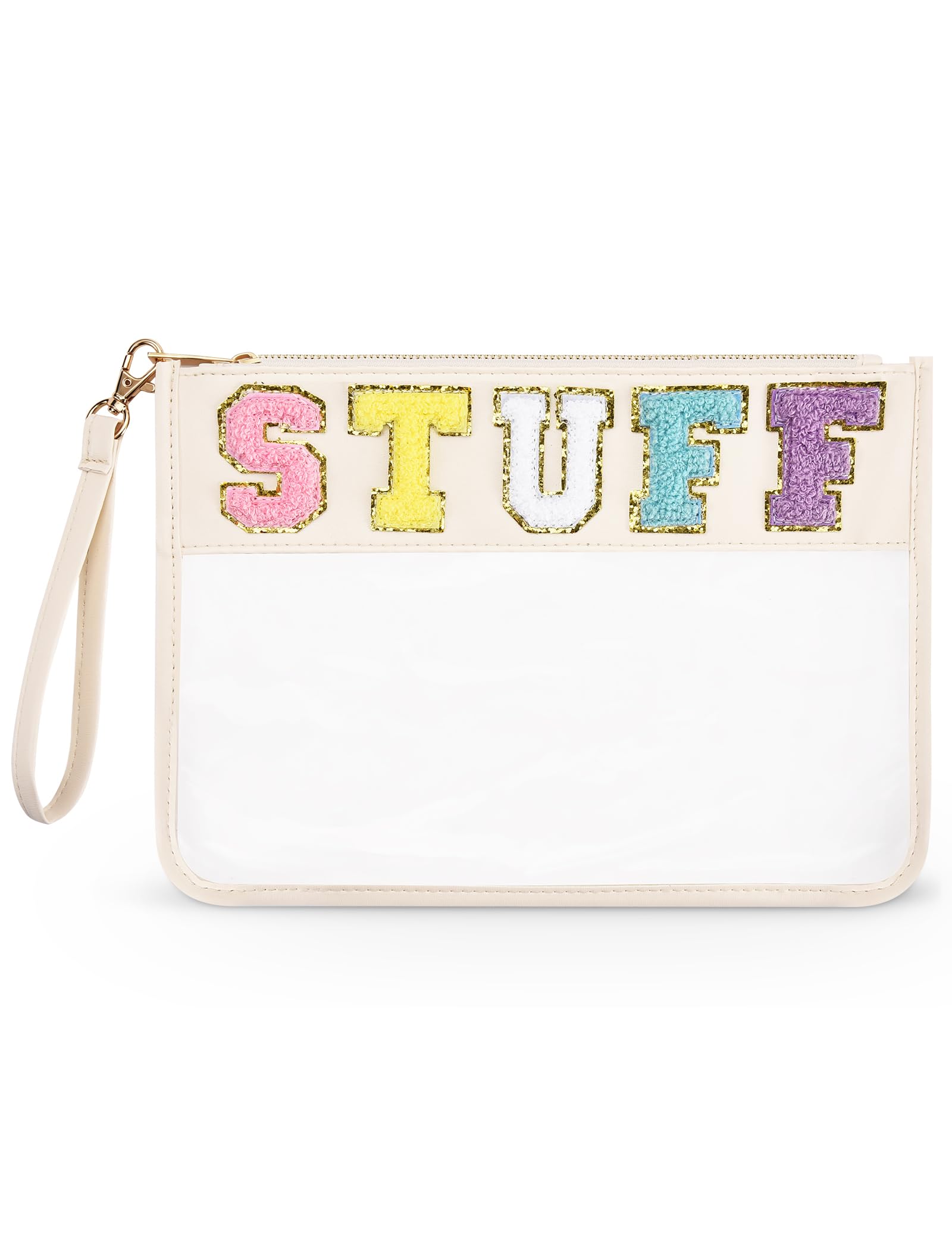 AYOUGEN Chenille Letter Clear Cosmetic Bag for Women & Girls - Cute Zippered Makeup Pouch for Varsity, Stadium & Travel (Off White) | Perfect for School, Gym, Beach & Everyday Use