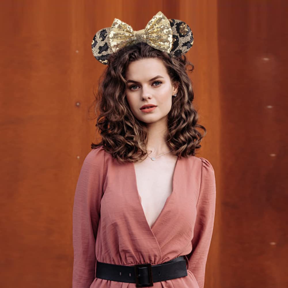 **Foeran Shiny Glitter Mouse Ears Headband with Bow - Leopard & Gold Princess Party Headpiece for Women & Girls | Costume Accessory for Cosplay, Disney Trips, Birthday Celebrations**