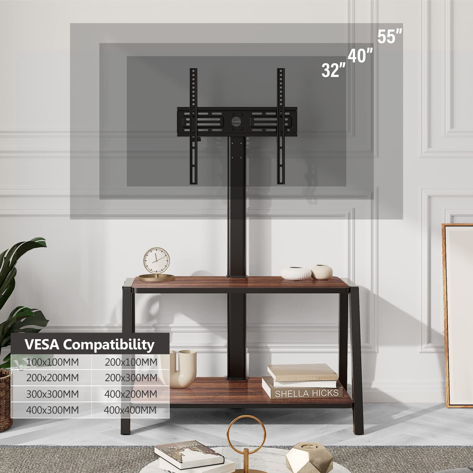FITUEYES Wooden TV Stand for 32-55 Inch TVs with Mount, 2-Tier Entertainment Center with Storage Shelf - Tall Corner TV Stand for Bedroom & Living Room, Supports Up to 77lbs - Perfect for Flat Screen TVs, Gaming Consoles & Home Theater Setup